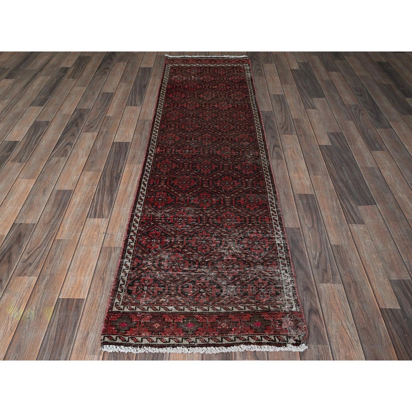 2'X7'7" Auburn Red Vintage Zoroastrian Balooch Hand Knotted Wool Runner Rug