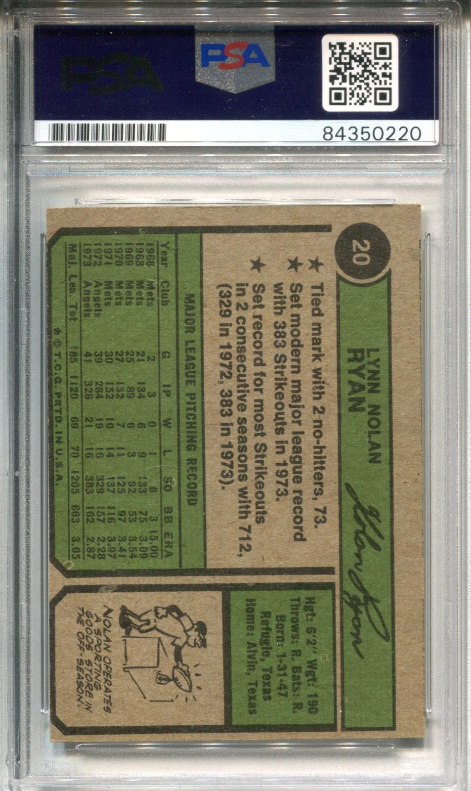 Nolan Ryan "Hof 99" Autographed 1974 Topps Card (Psa)