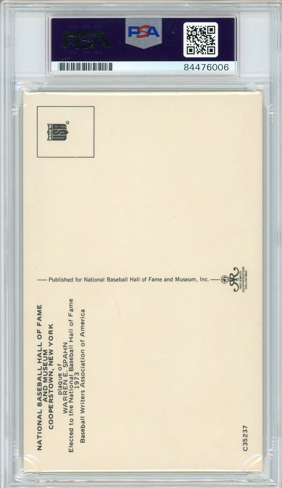 Warren Spahn Autographed Hall Of Fame Plaque Card (Psa)