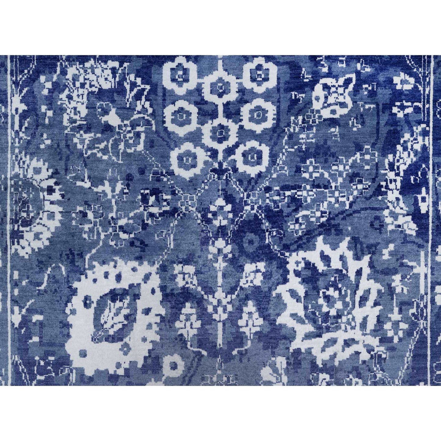 9'X12' Yale Blue Hand Knotted Tebraz With Leaf Motifs Wool And Silk Rug