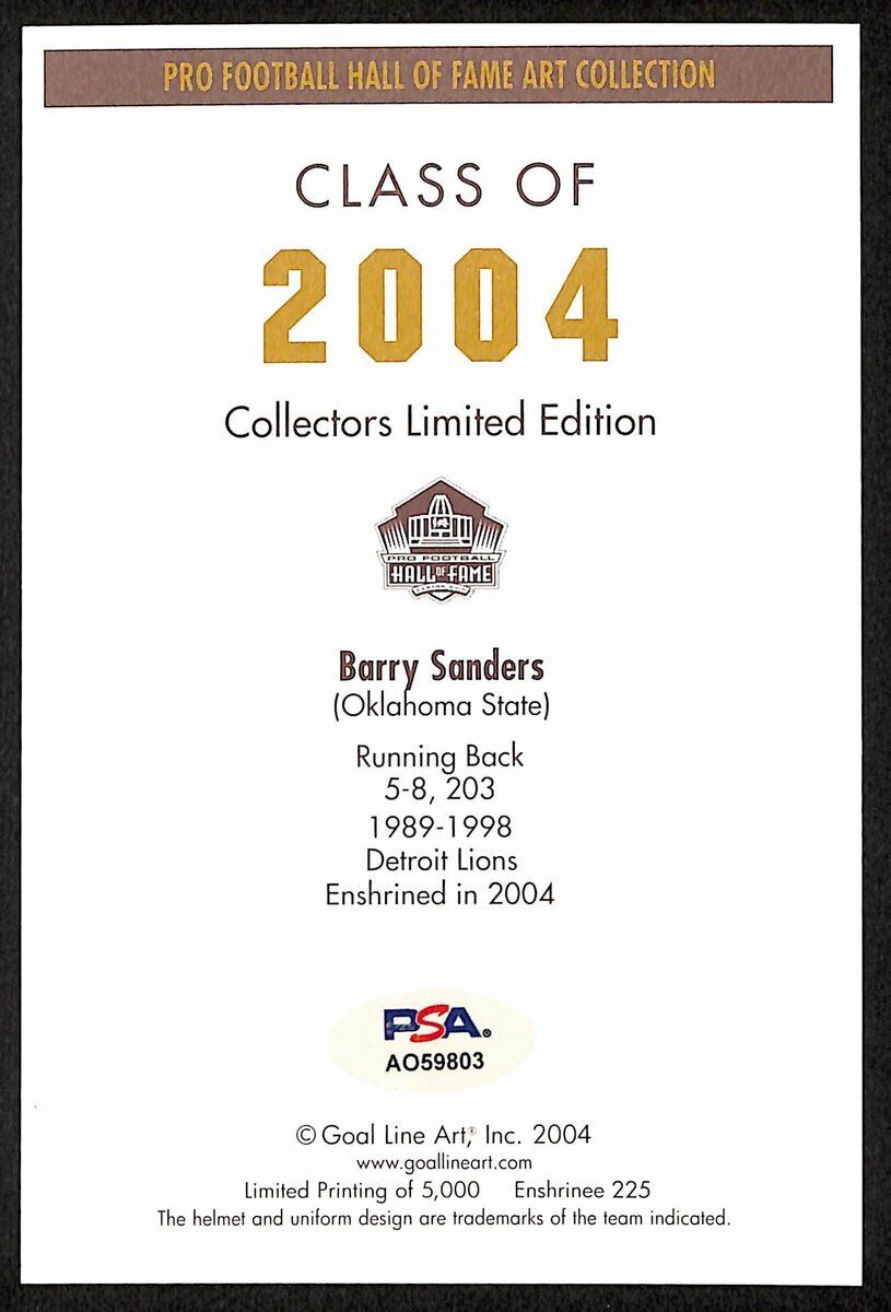 Barry Sanders Hof Signed/Auto 2004 Goal Line Art