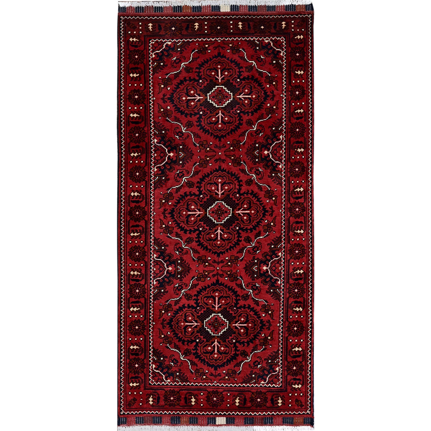 2'7"X5'2" Red Afghan Khamyab Tribal Design Hand Knotted All Wool Runner Rug