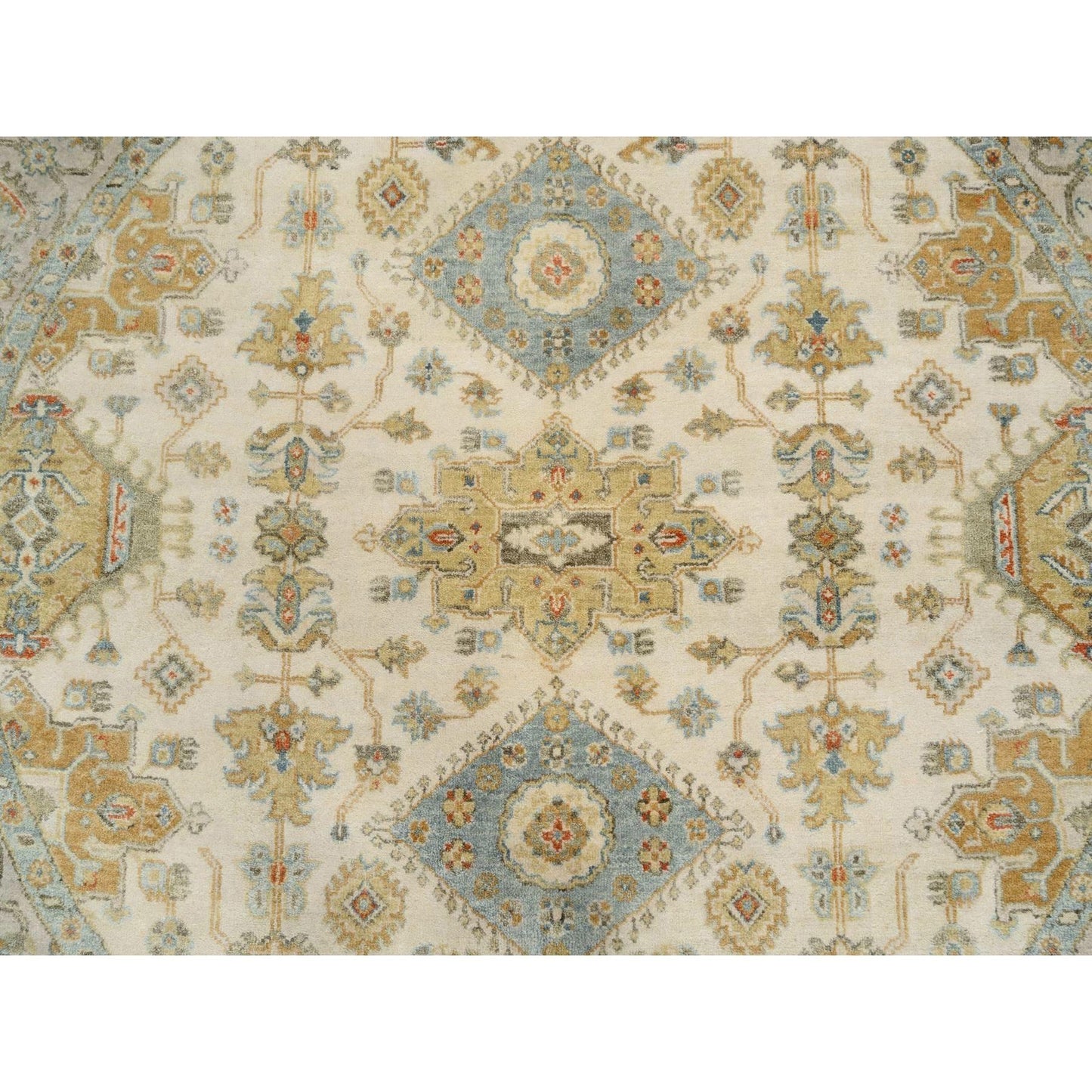 6'1"X6'1" Hand Knotted Ivory Karajeh Design Pure Wool Round Rug