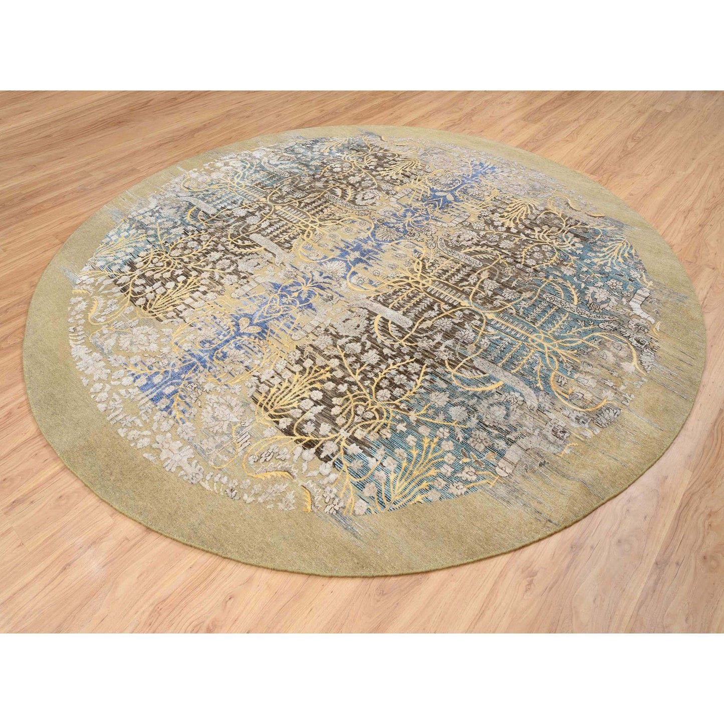 10'X10' Gold Brown Hand Knotted Transitional Sarouk Silk/Wool Round Rug