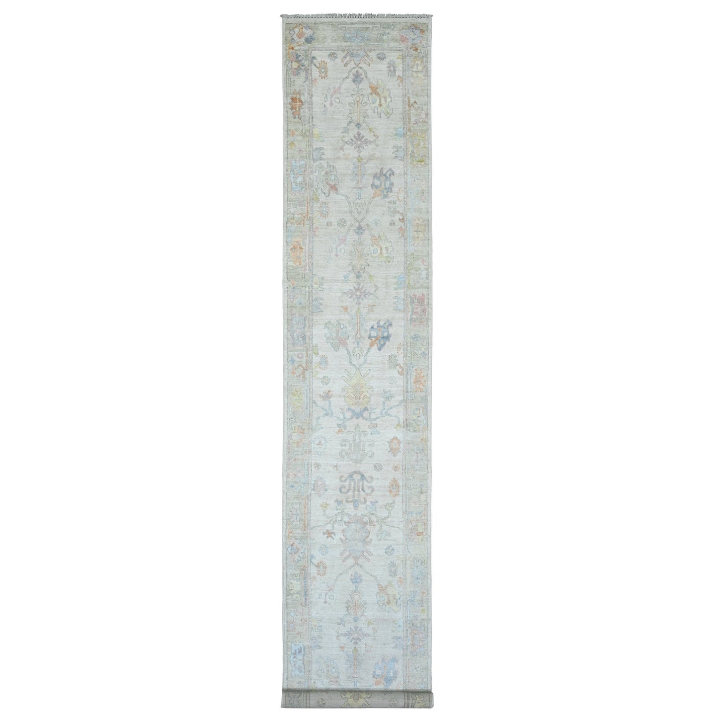 2'8"X15'7" White Angora Ushak Leaf Design Wool Hand Knotted Runner Rug