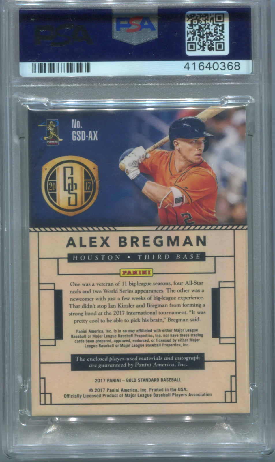 2017 Panini Chronicles Gold Standard #Ax Alex Bregman (Psa)Gem Mt 9 Auto Jersey