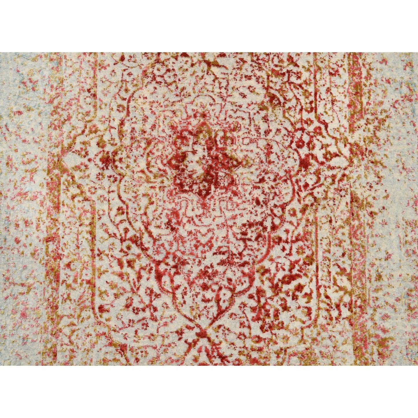 4'X11'9" Hand Knotted Pink Farsian Design Wool And Silk Wide Runner Rug