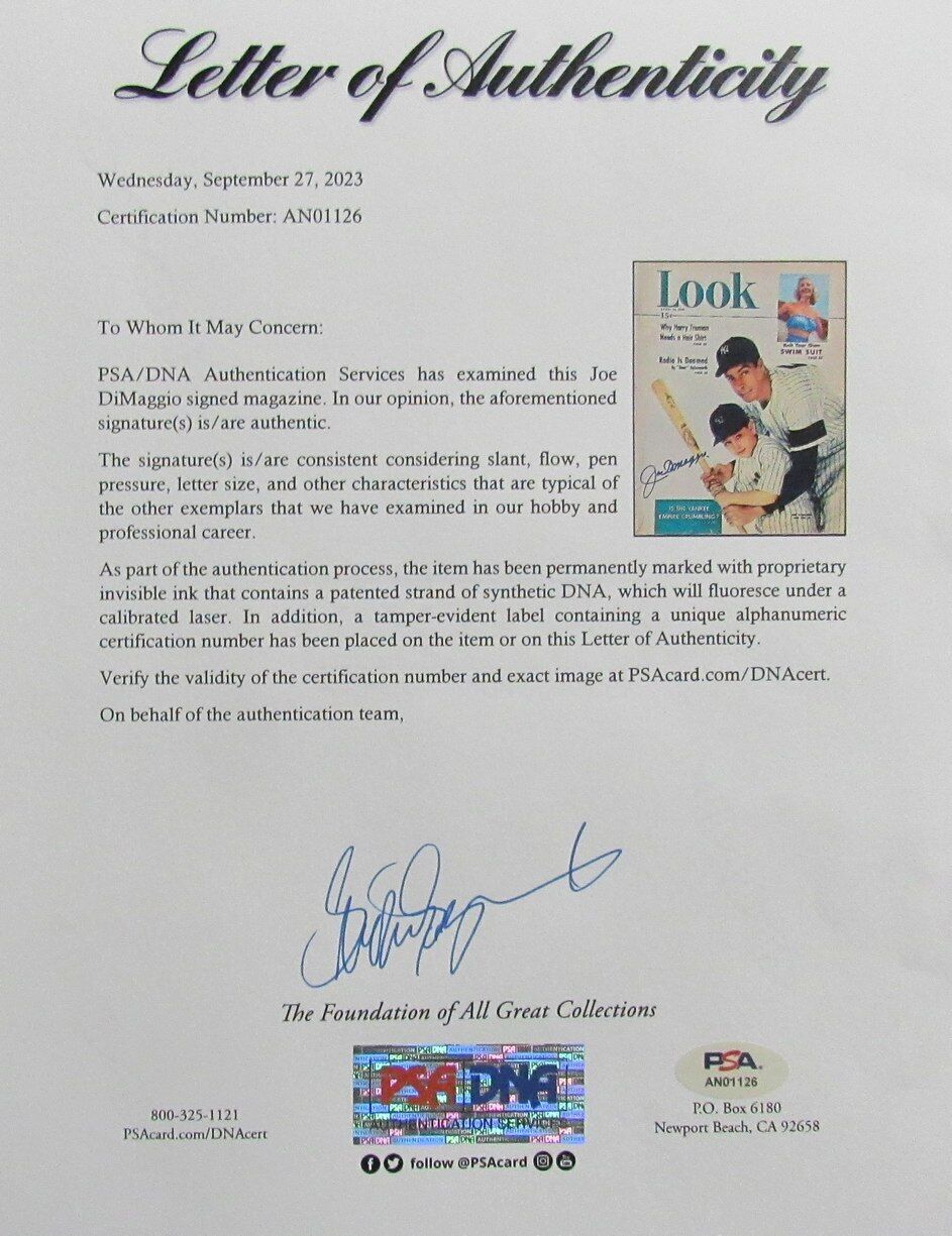 Joe Dimaggio Hof Autographed Signed 1949 Look