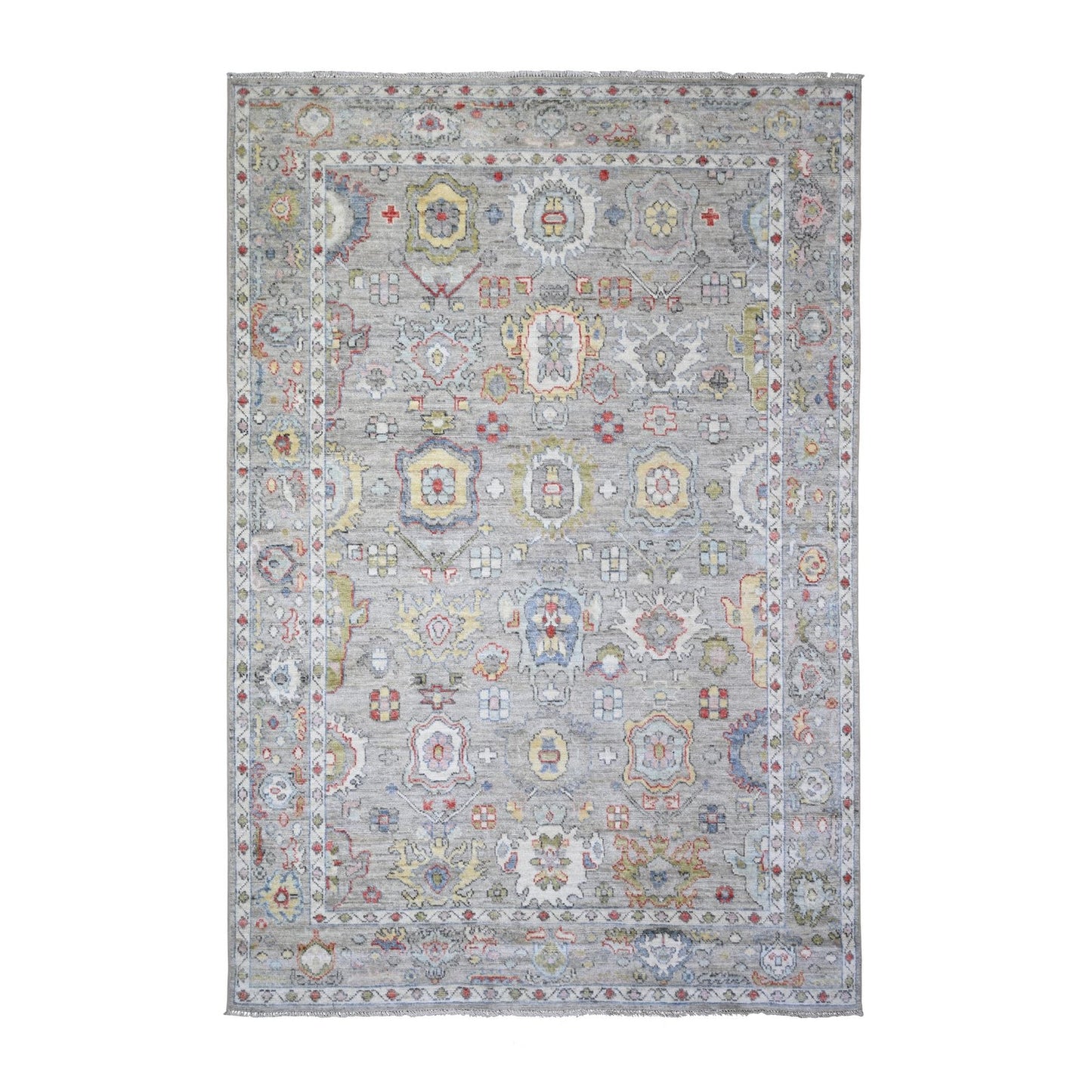 6'1"X9' Cloud Gray Afghan Angora Oushak Soft Wool Hand Knotted Rug