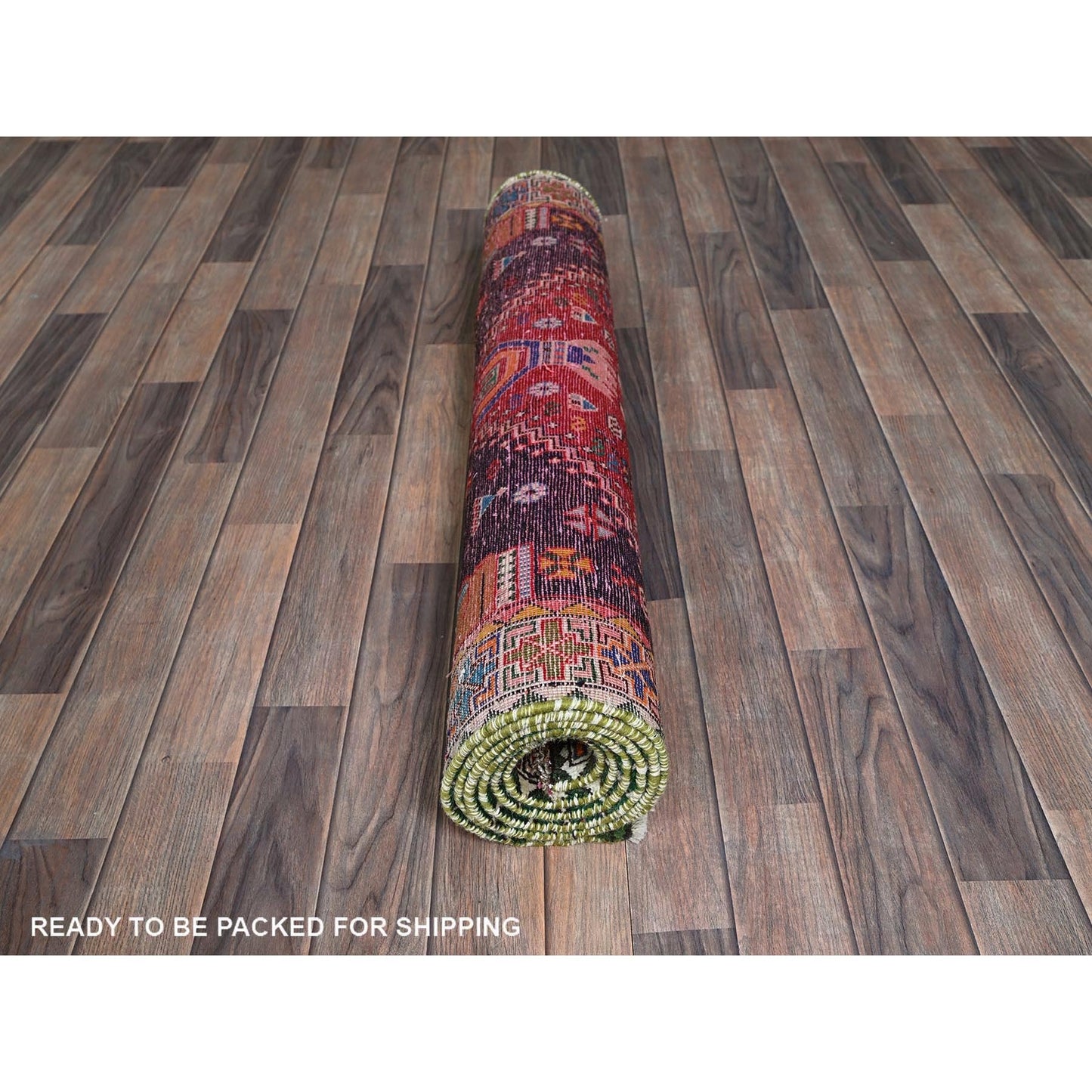 3'5"X8'2" Red Vintage Zoroastrian Sheeraz Hand Knotted Pure Wool Runner Rug