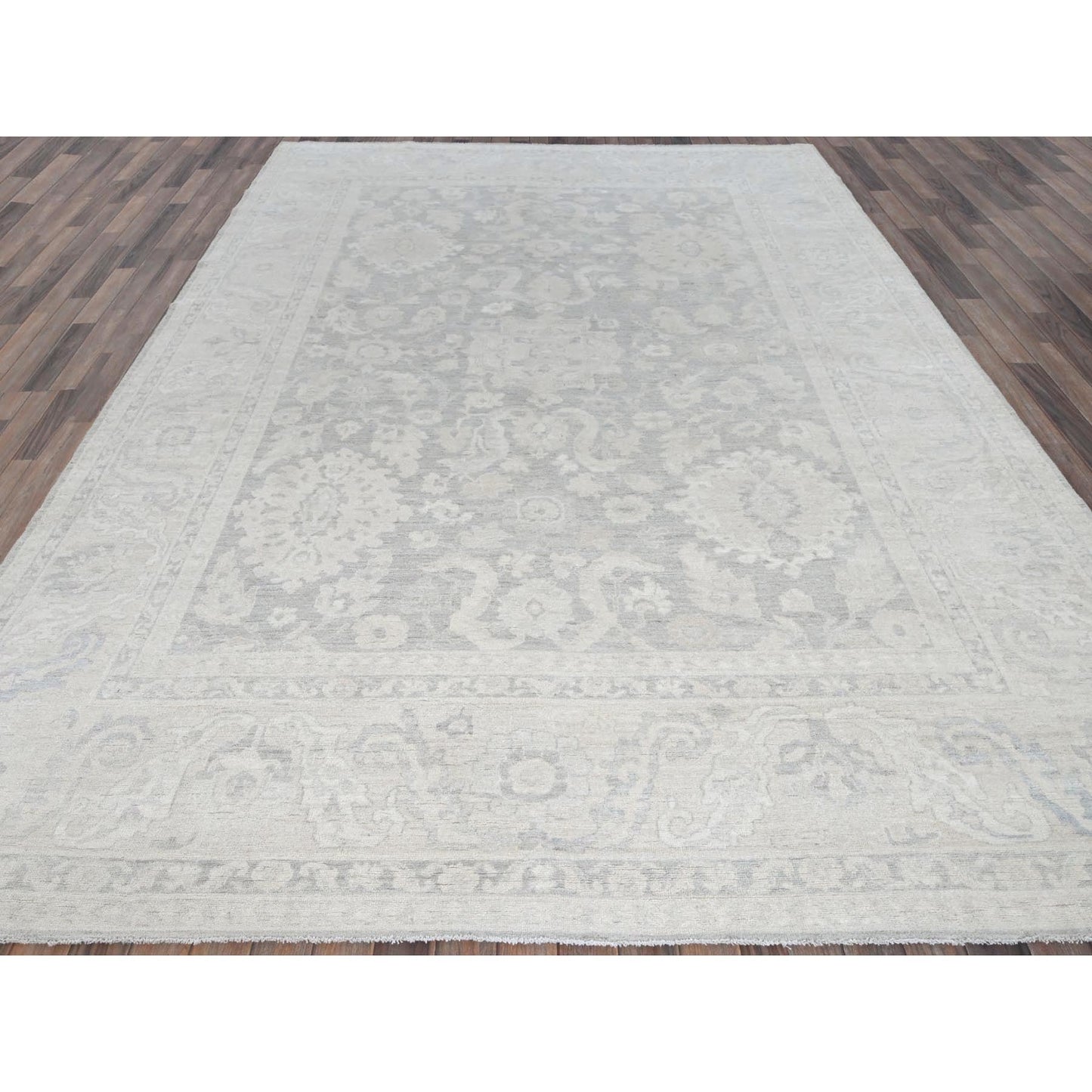 8'9"X11'10" Gray White Wash Peshawar Leaf Design Hand Knotted Pure Wool Rug