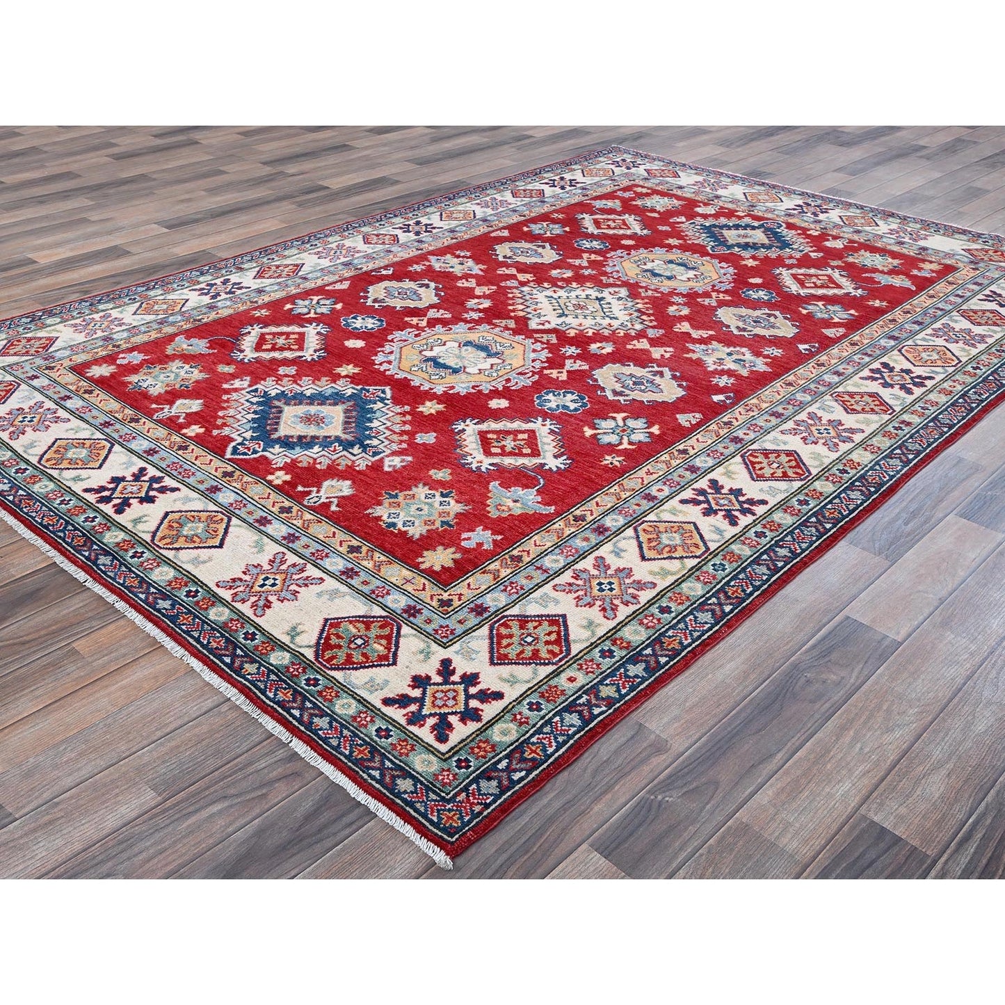 5'10"X8'8" Red Kazak With Geometric Medallions Design Wool Hand Knotted Rug