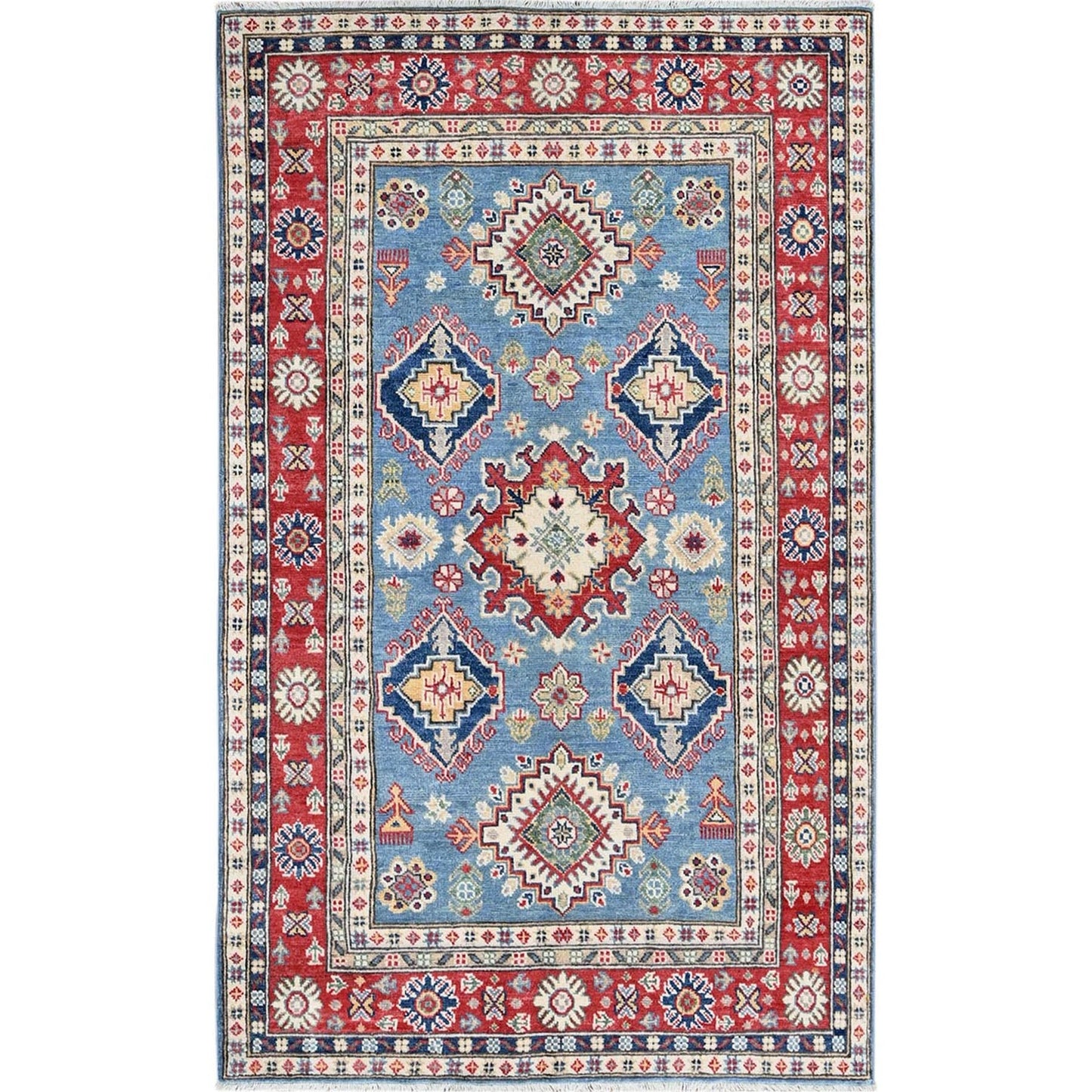 3'10"X6'3" Ruddy Blue Kazak Geometric Design Soft Wool Hand Knotted Rug