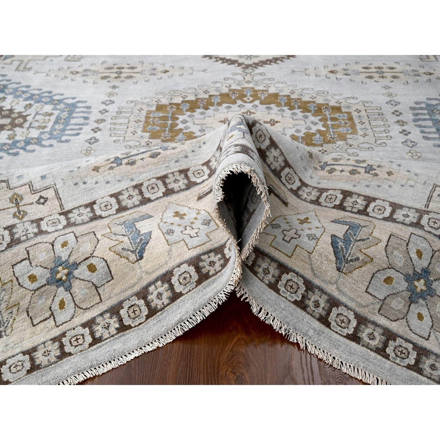 10'X10' Gray Zoroastrian Village Geometric Design Hand Knotted Square Rug
