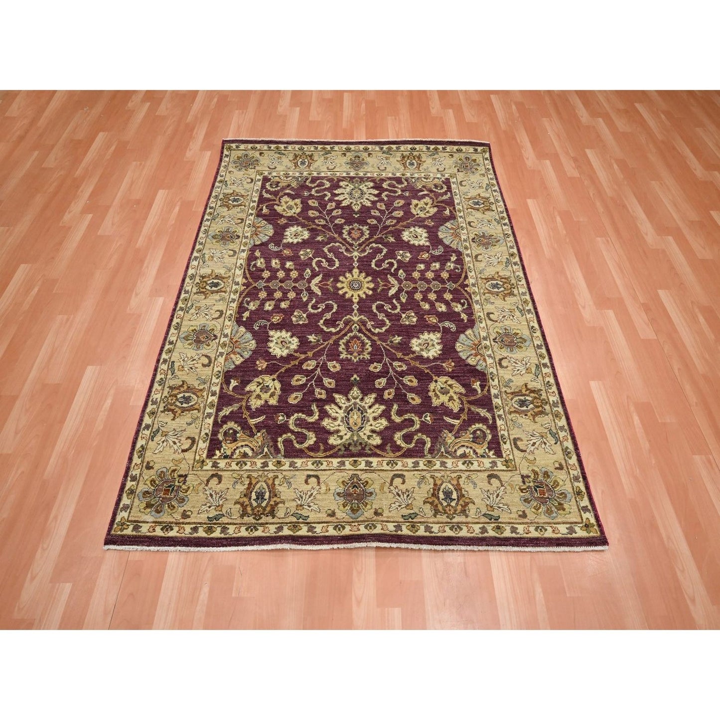 5'1"X6'5" Red Agra Ziegler Design Leaf Pattern Hand Knotted Pure Wool Rug