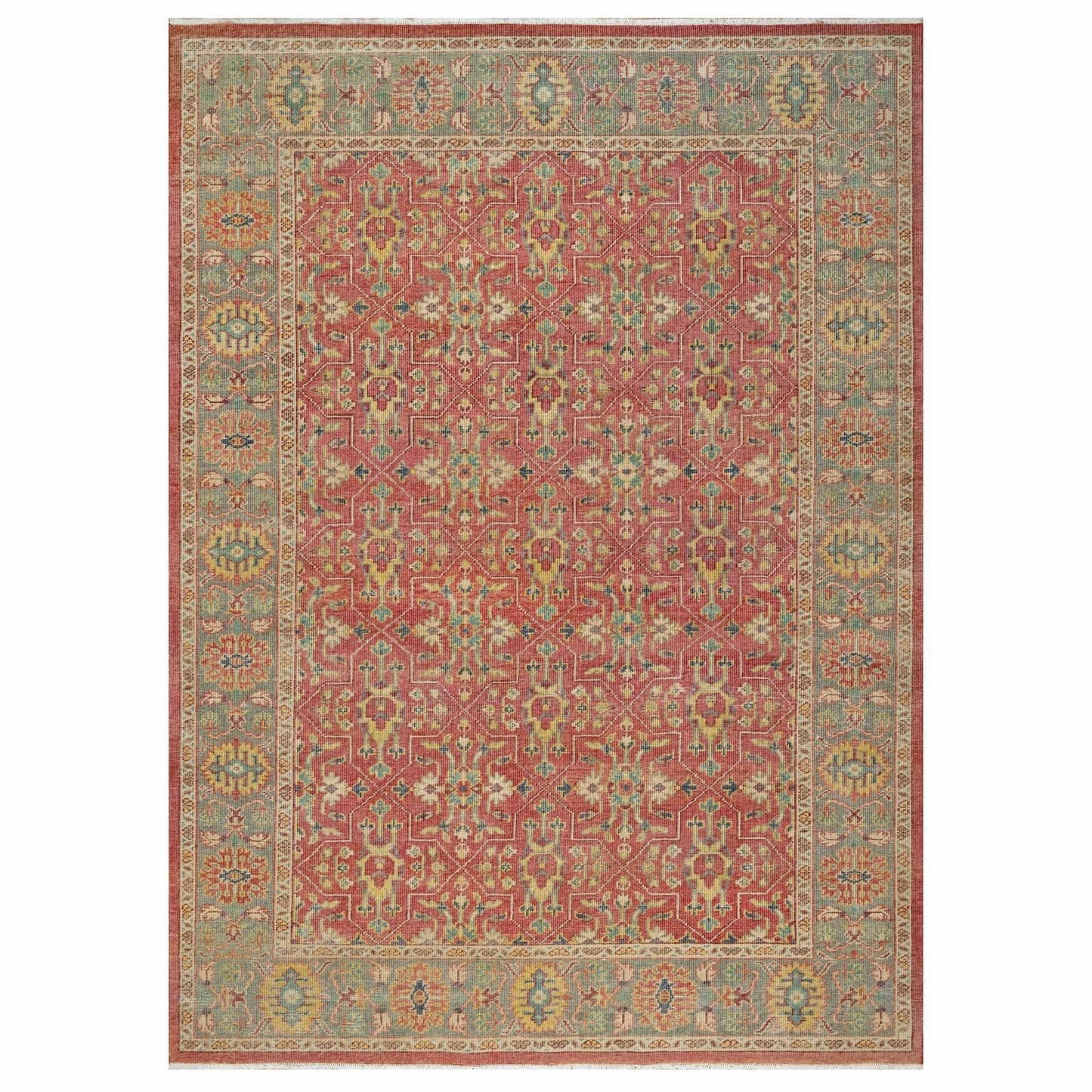 10'X13'9" Red Hand Knotted Antiqued Oushak Design Wool Oriental Rug