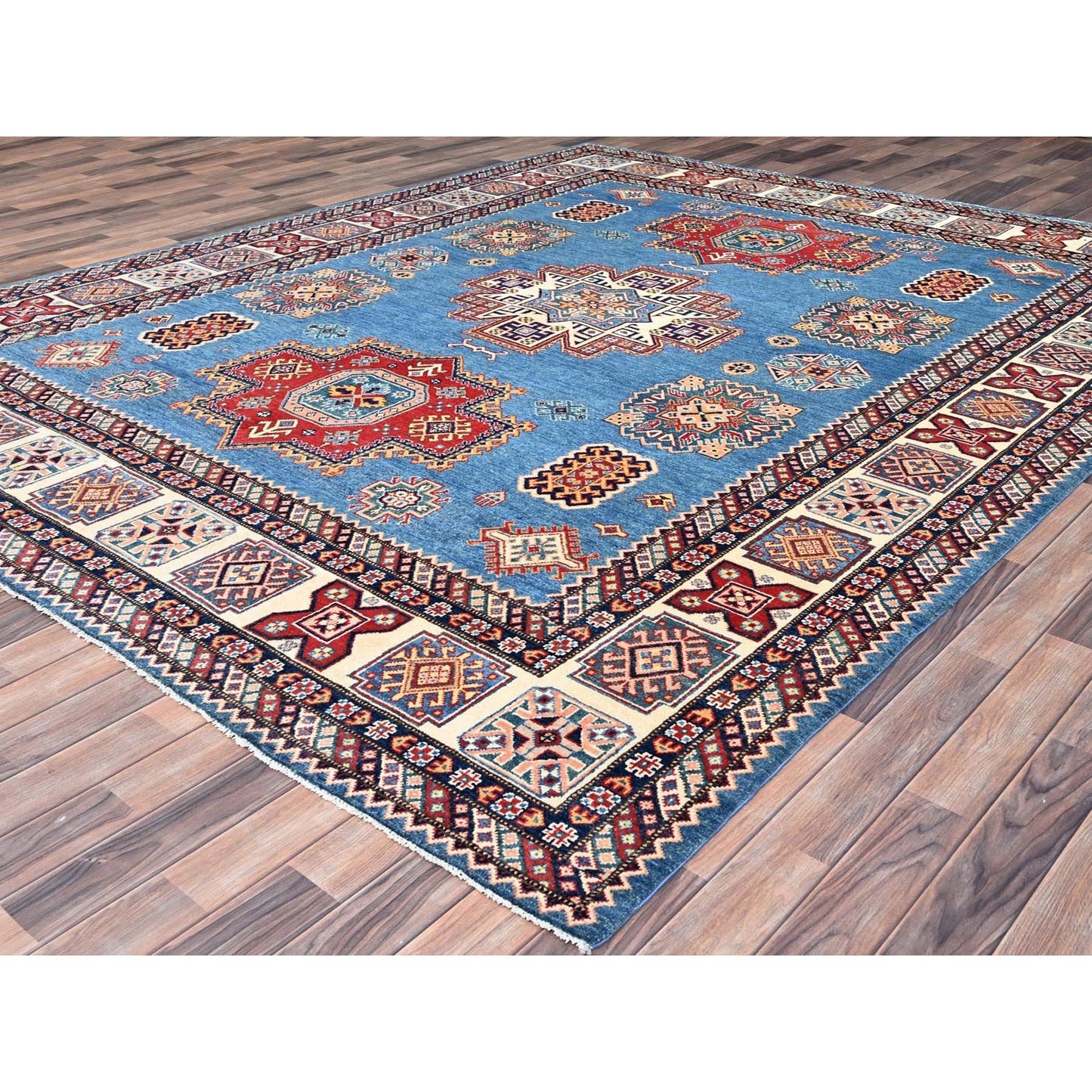 9'X11'8" Cerulean Blue Special Kazak Wool Hand Knotted Natural Dyes Rug