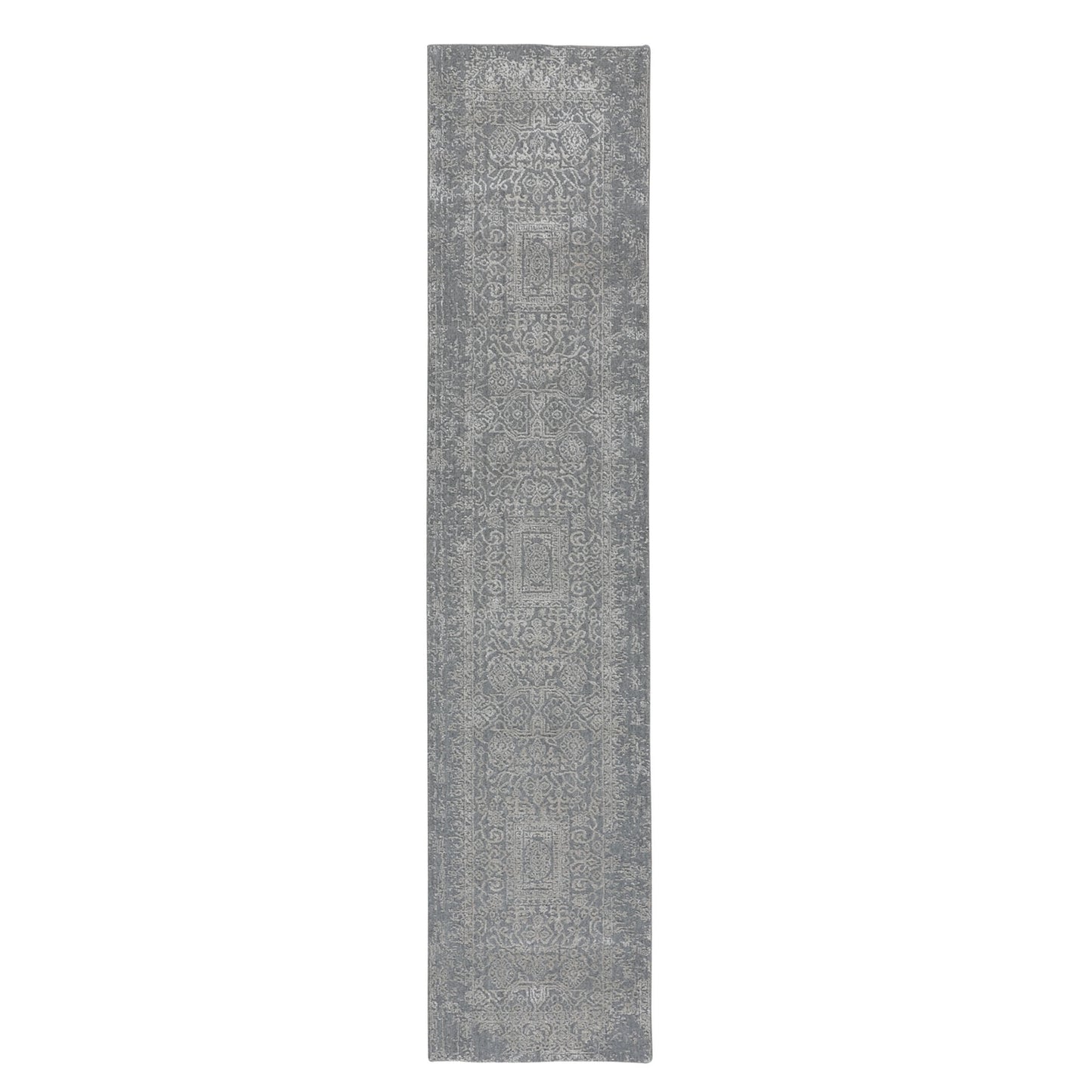 2'5"X12'2" Gray Fine Jacquard Hand Loomed Runner Wool And Art Silk Rug
