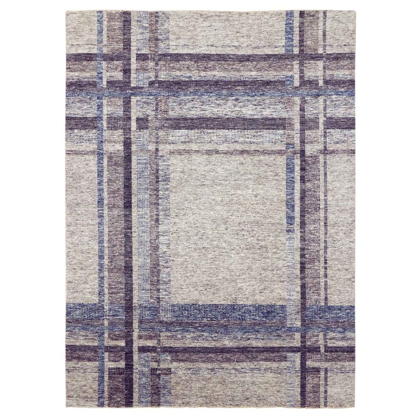 9'X12'1" Gray Geometric Opened Up Plaid Design Wool Hand Knotted Rug
