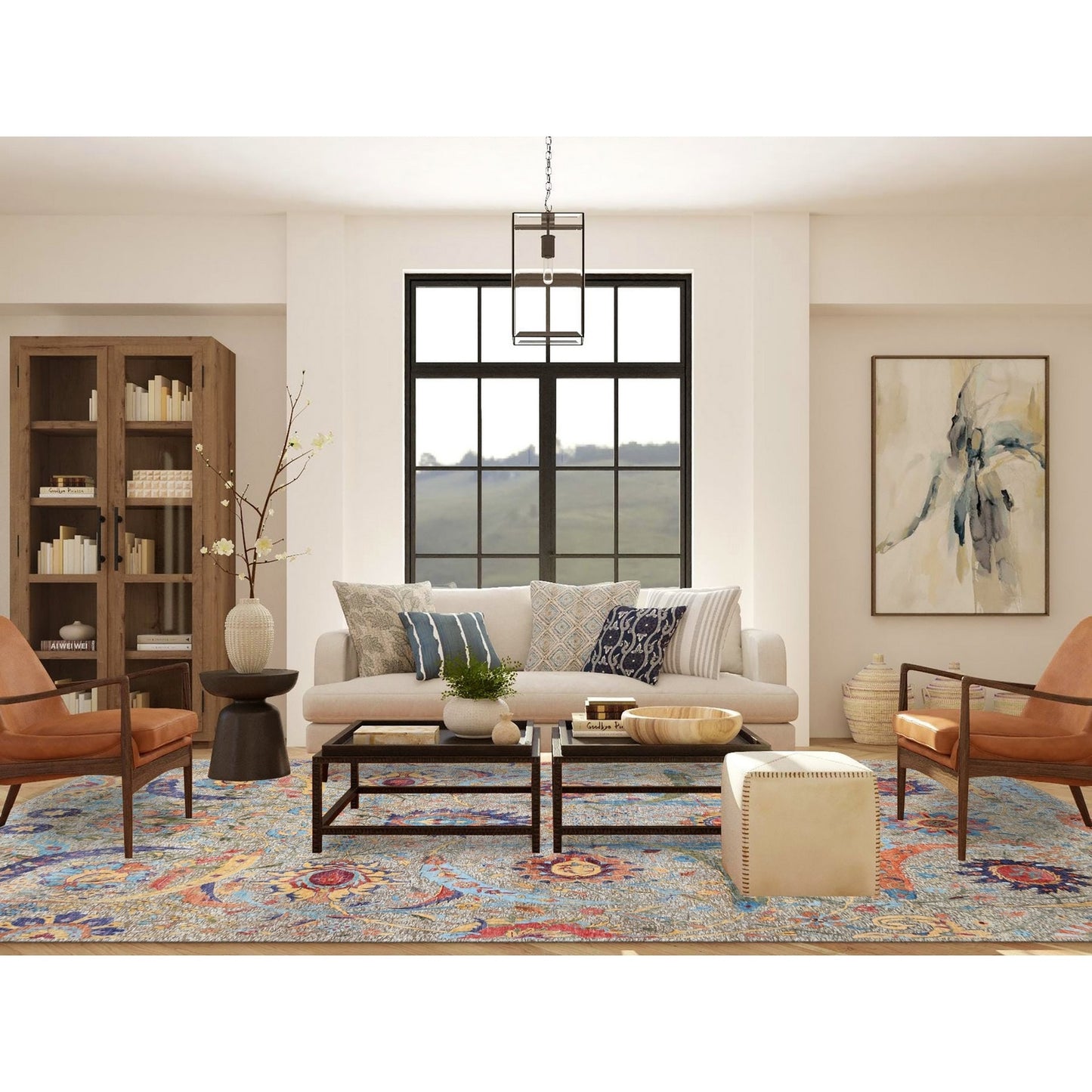9'1"X12'4" Silk With Wool Hand Knotted Tan Sickle Leaf Design Rug