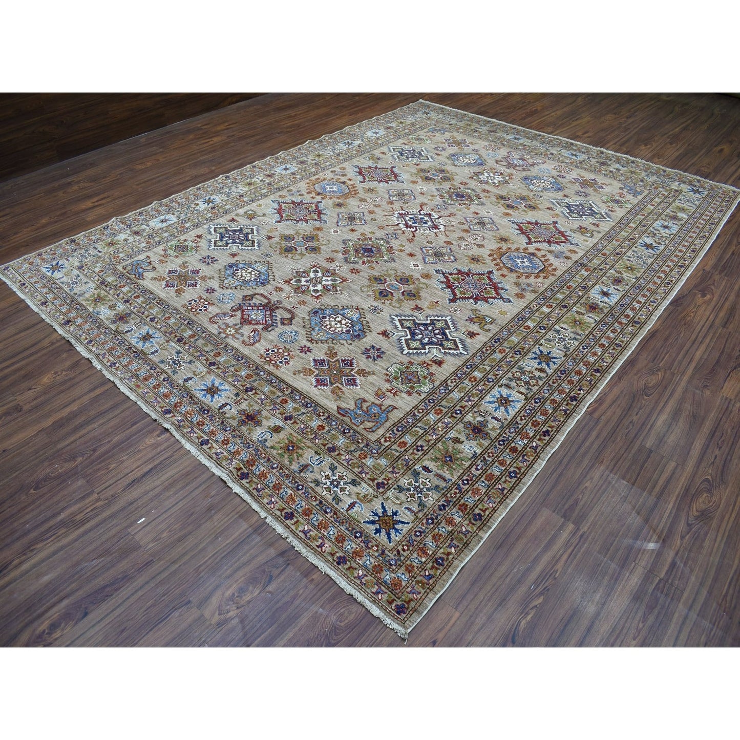 9'X11'9" Hand Knotted Beige Super Kazak Extra Soft Wool Oriental Rug