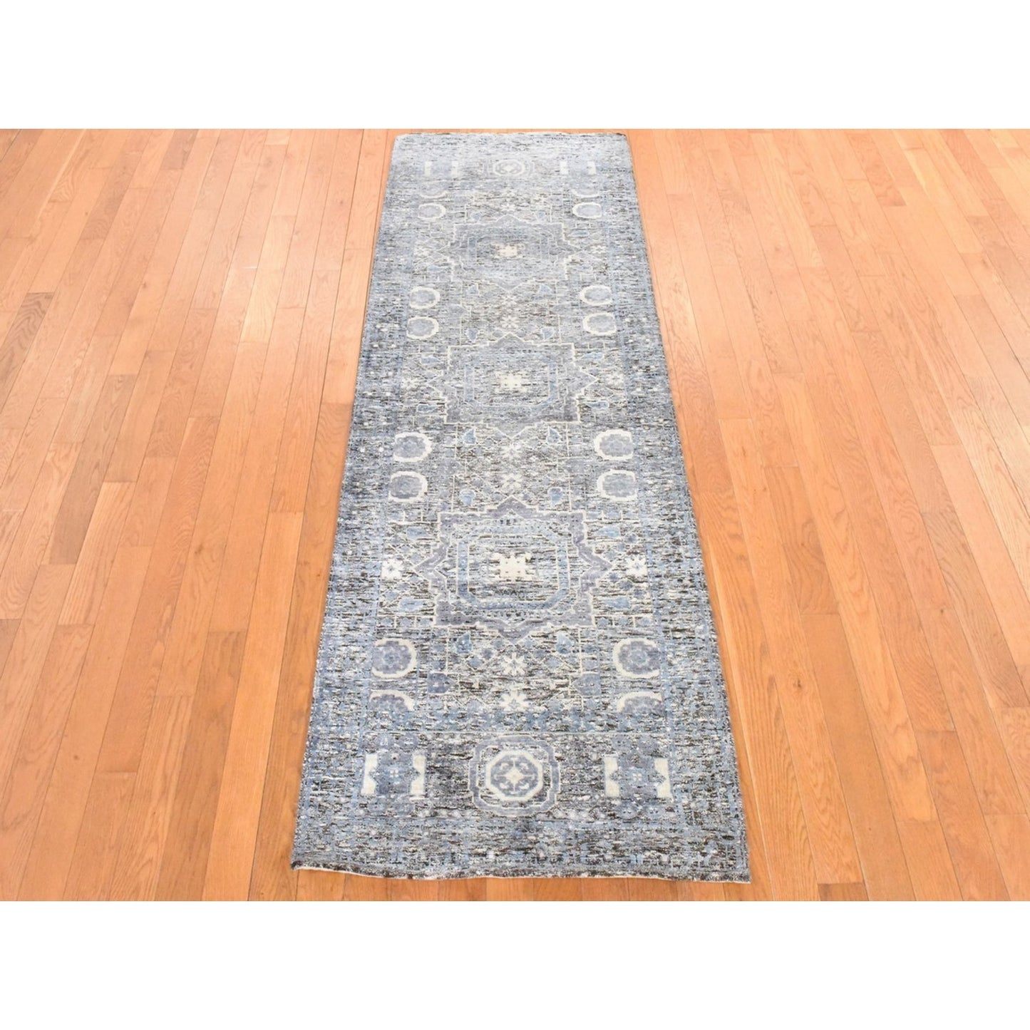 2'7"X8' Beau Blue Silken Mamluk Design Washed Out Hand Knotted Runner Rug