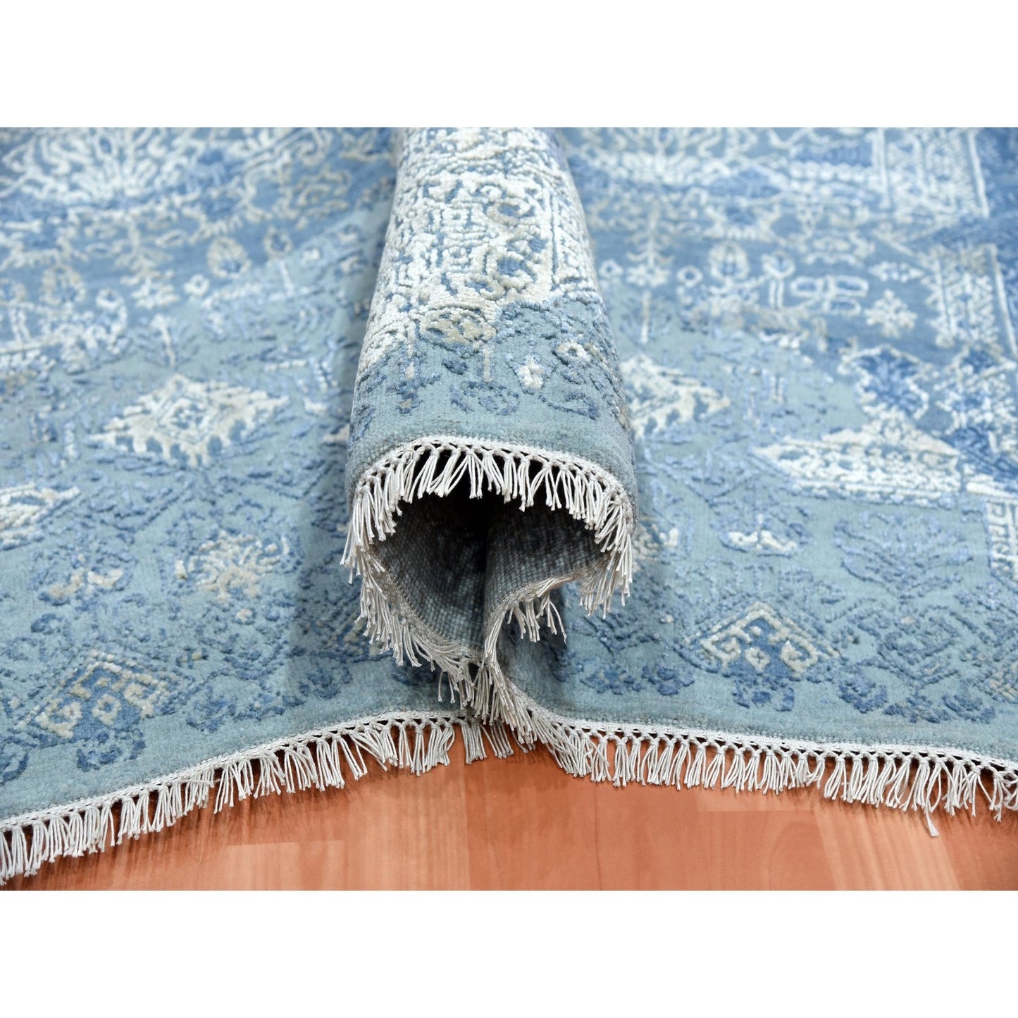 10'2"X10'2" Blue, Hand Knotted Jewellery Design, Wool And Silk Square Rug