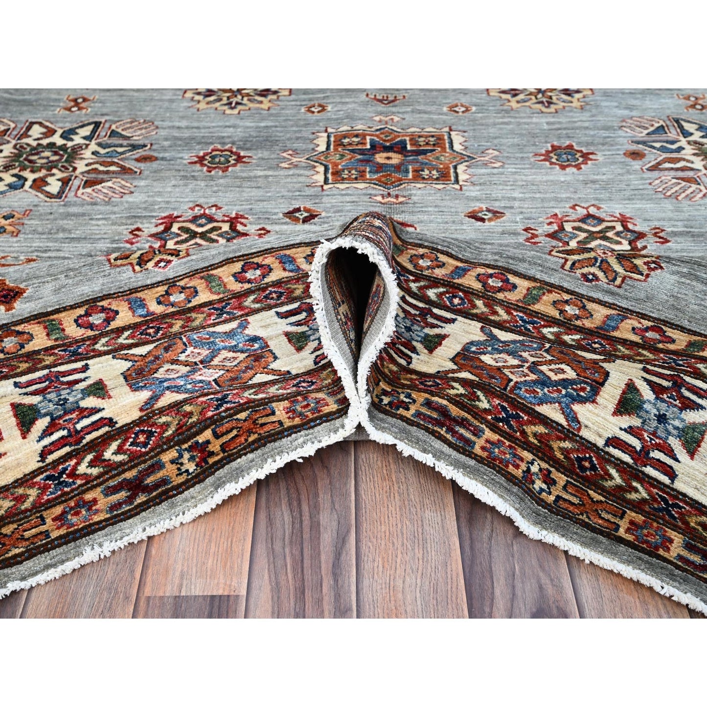 9'X12' Puritan Gray Hand Knotted Soft Wool Super Kazak Oriental Rug