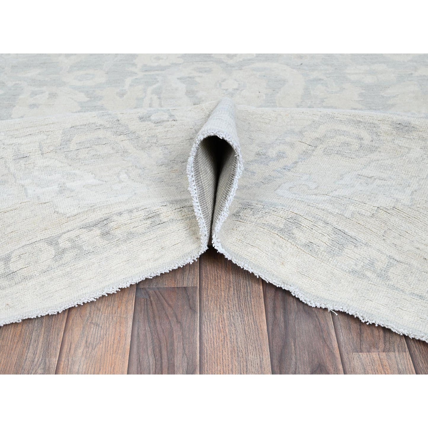 8'9"X11'10" Gray White Wash Peshawar Leaf Design Hand Knotted Pure Wool Rug