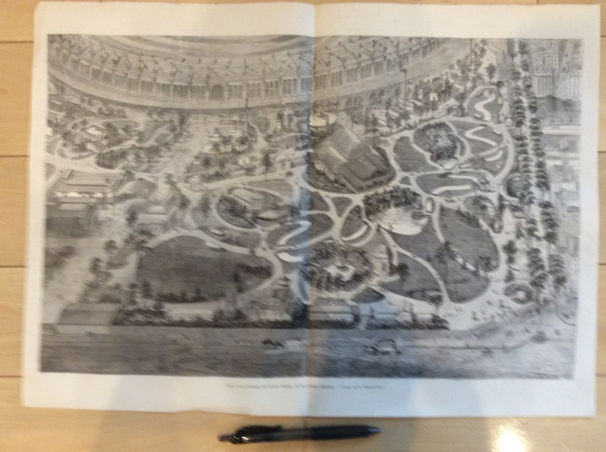 1867 Paris Exposition Wood Engraving Panorama Belgian Quarter & Gardens Ciceri
