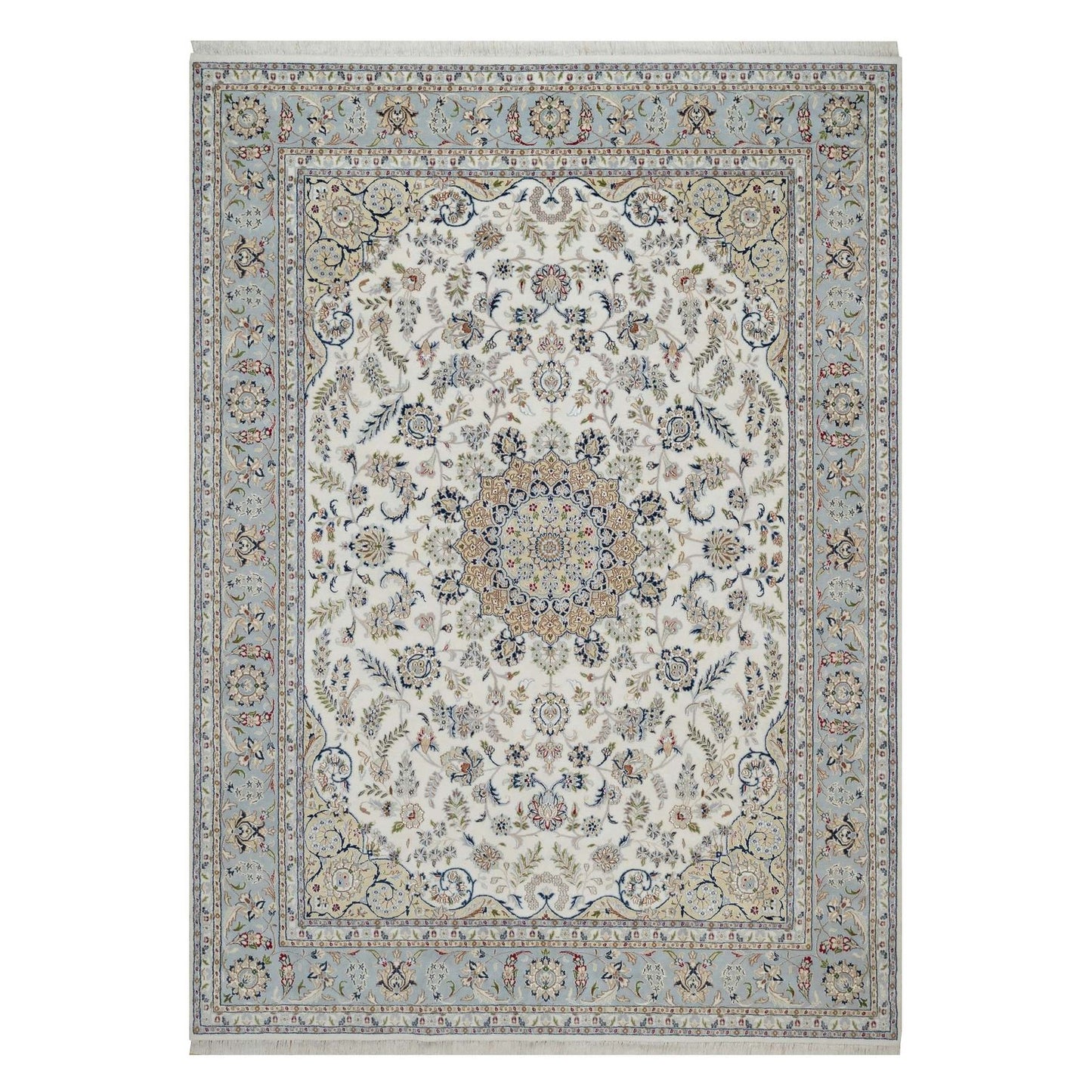 8'7"X12' Ivory Wool And Silk Nain Medallion Design Hand Knotted Rug