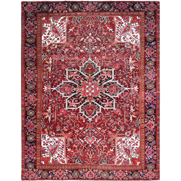 9'10"X12'5" Red Vintage Zoroastrian Heris Hand Knotted Worn Wool Rug