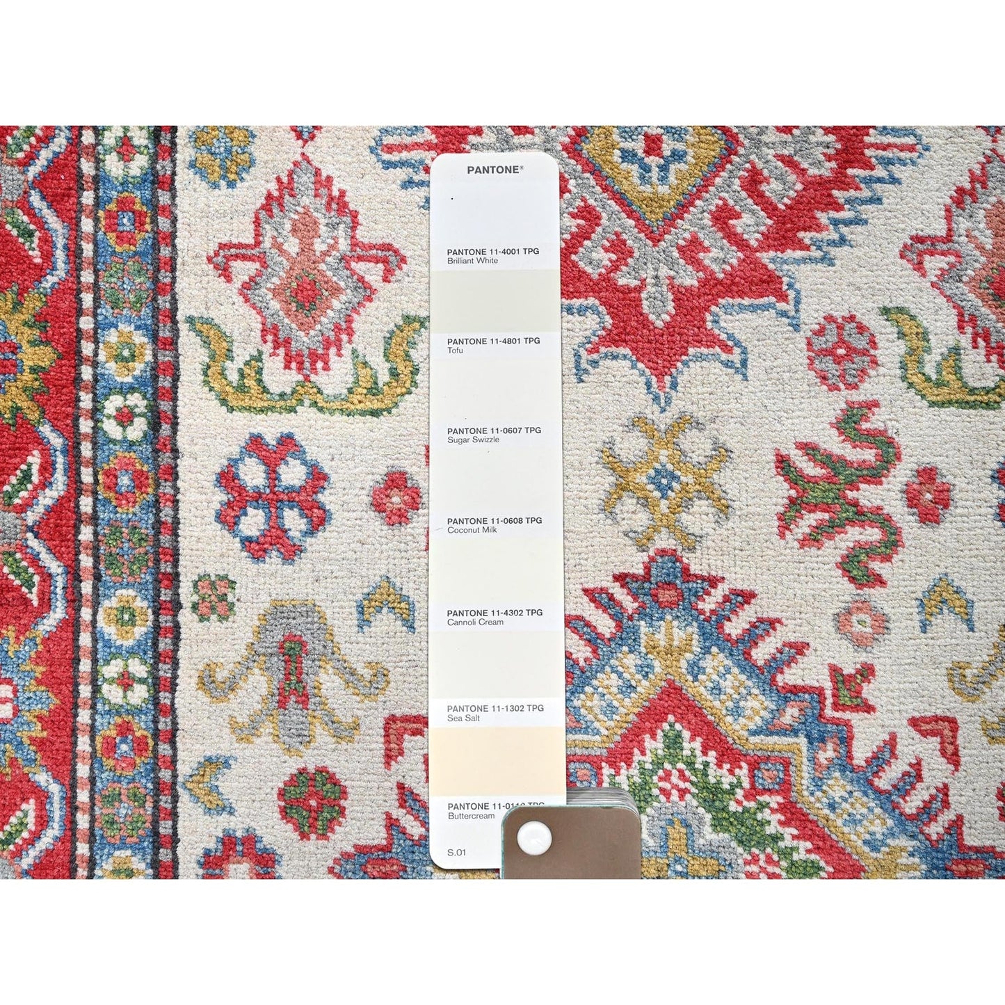 3'2"X5'3" White Hand Knotted Kazak Geometric Medallions Design All Wool Rug