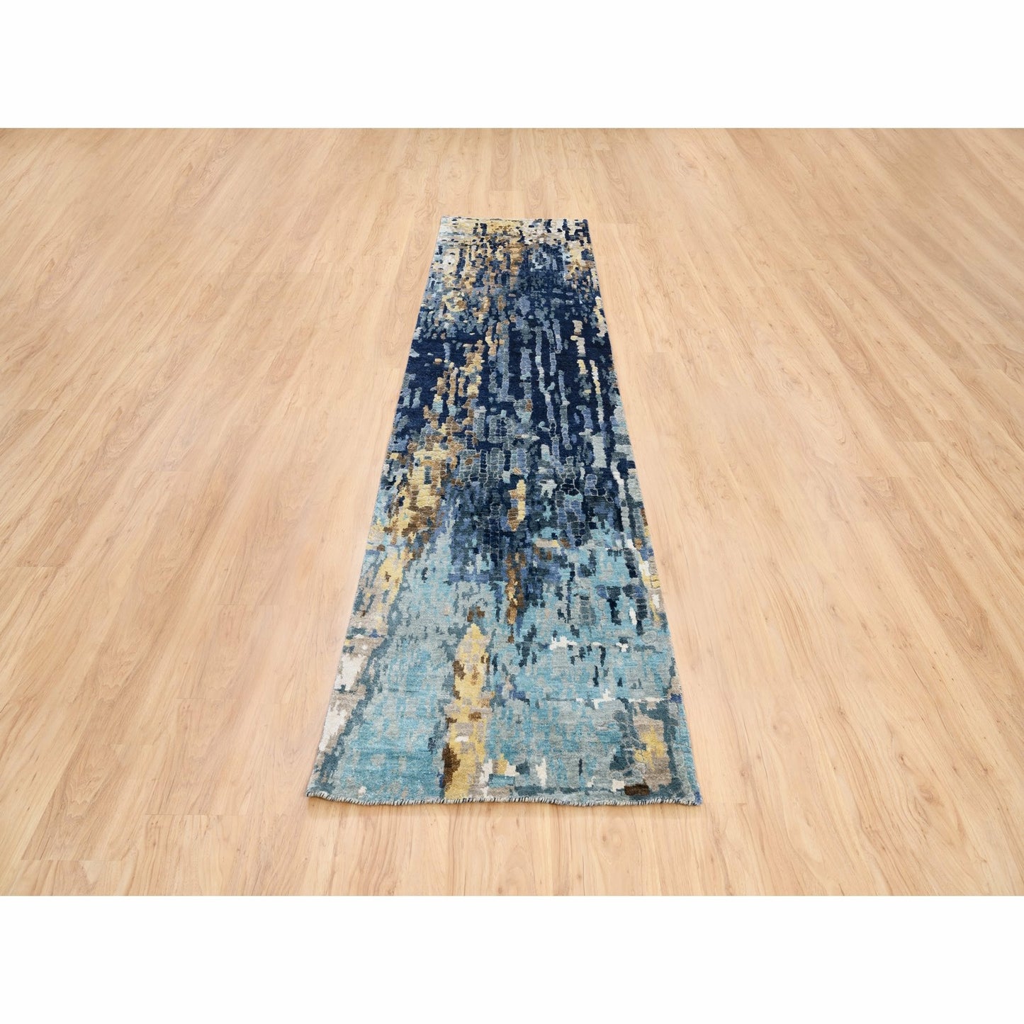 2'6"X10' Denim Blue Mosaic Design Hand Knotted Wool And Silk Rug