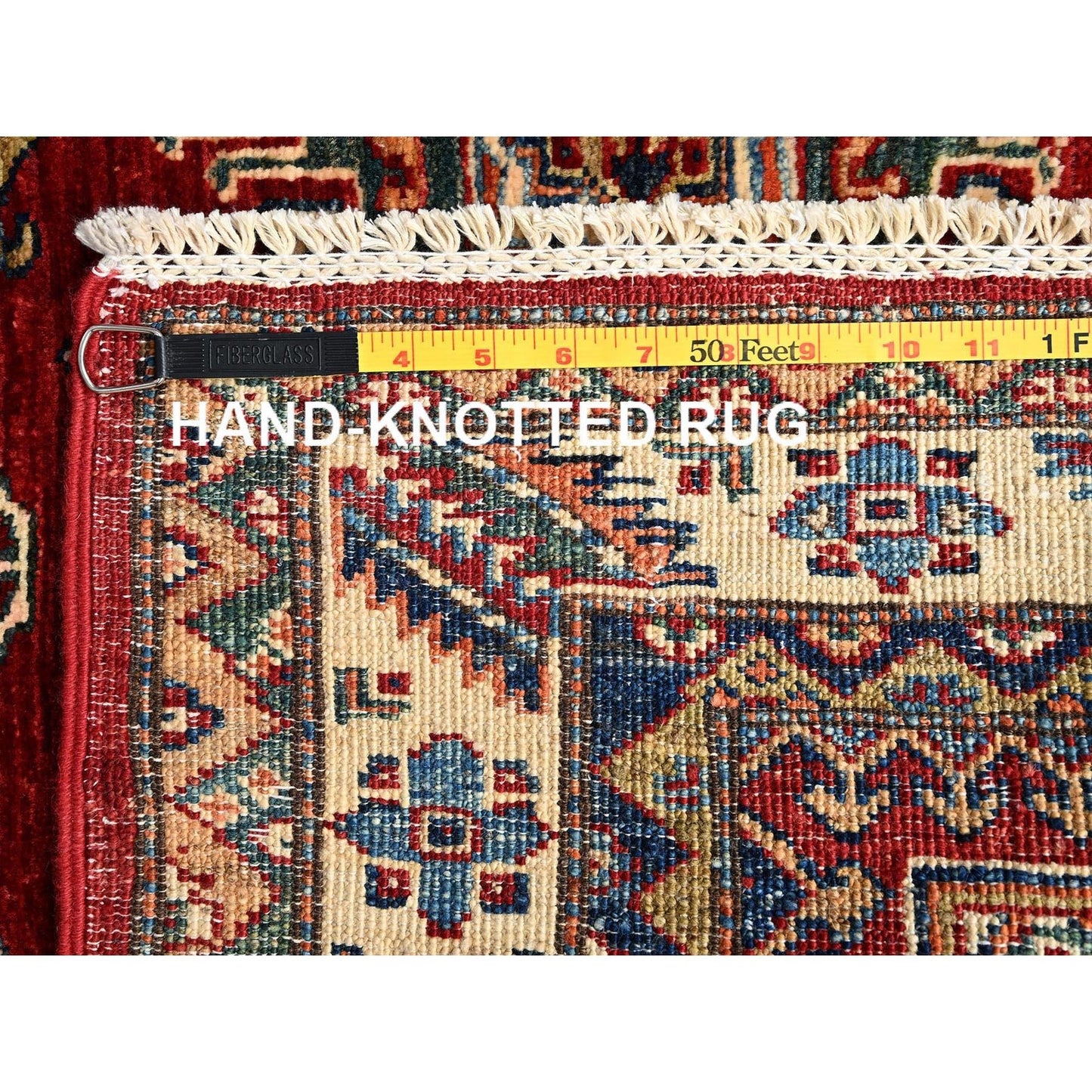 4'1"X6'5" Red Hand Knotted Afghan Super Kazak Medallions Design Wool Rug