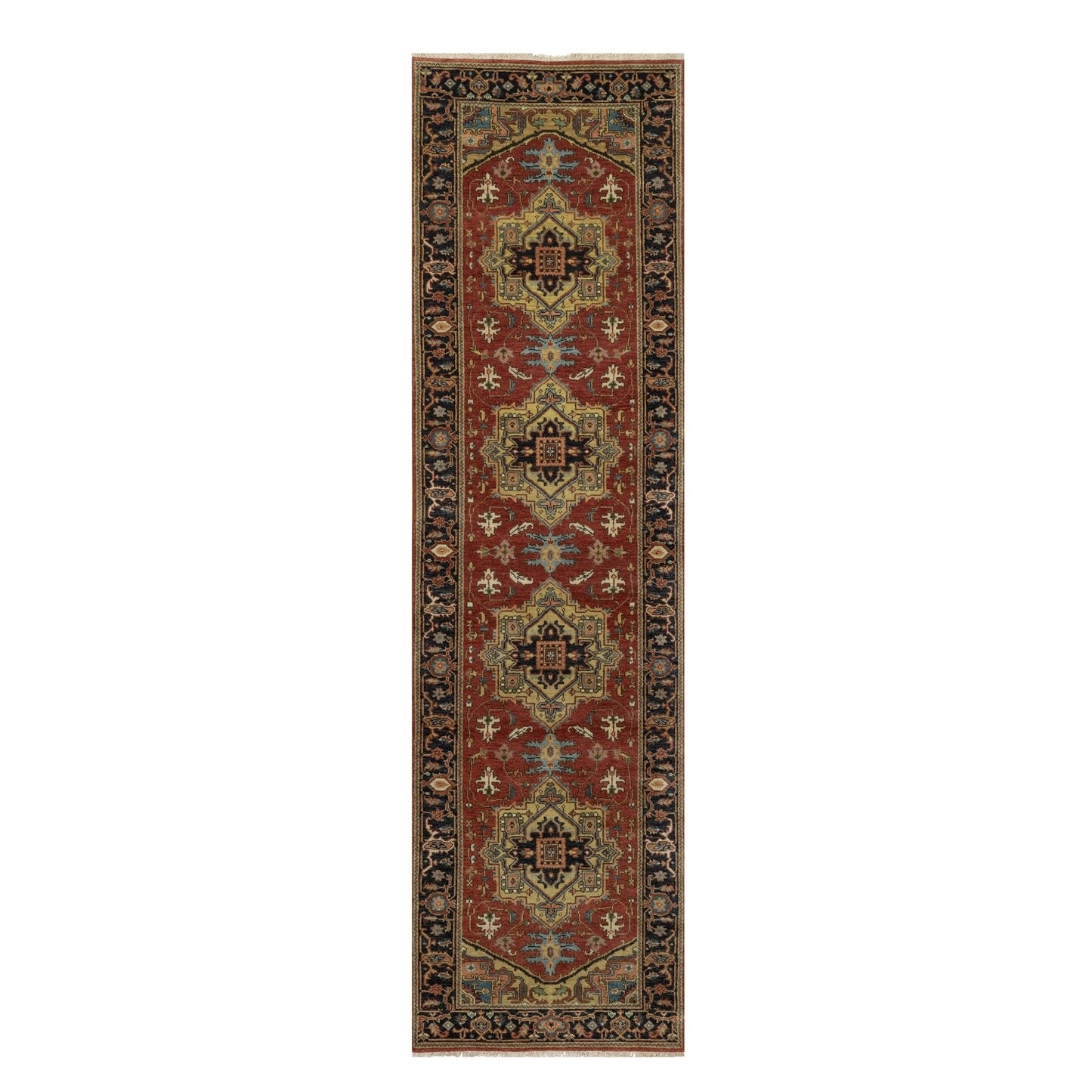 2'8"X10' Chili Red New Zealand Wool Heris Revival Hand Knotted Runner Rug
