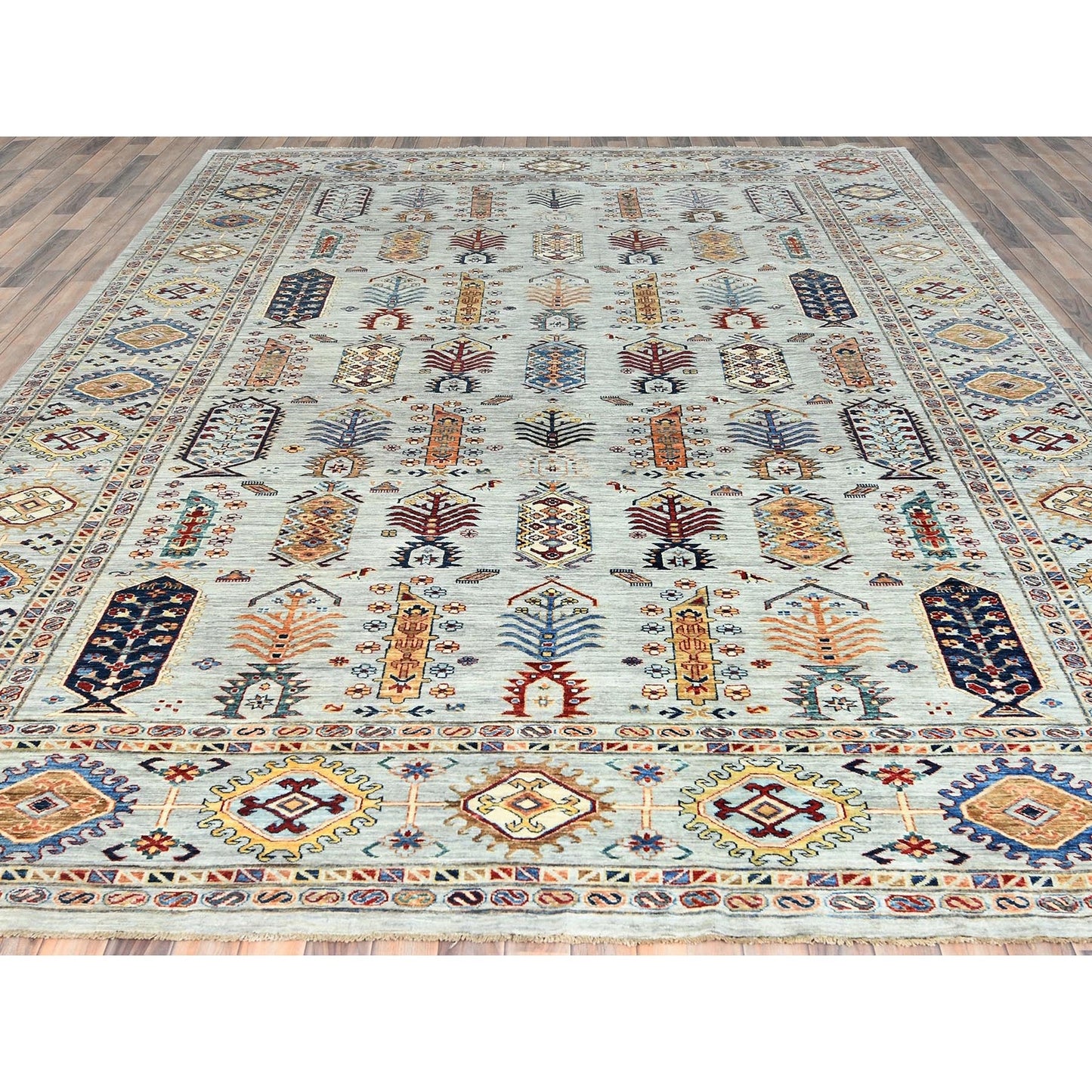 10'X14' Silver Blue Pure Wool Hand Knotted Afghan Super Kazak Rug