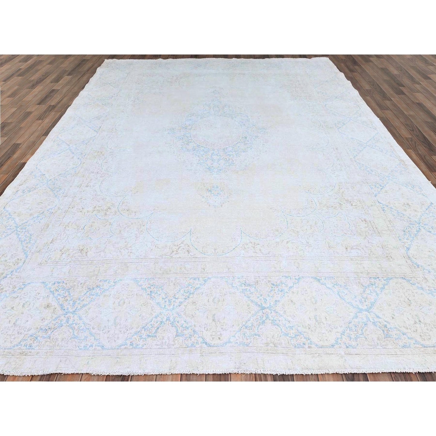 9'4"X12'3" White Pure Wool Hand Knotted Vintage Zoroastrian Karman Rug
