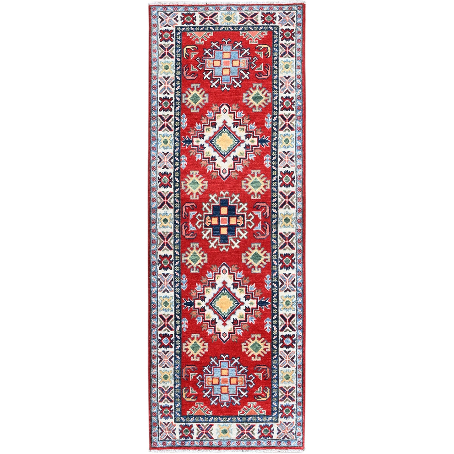 2'X5'9" Red Kazak With Medallions Design Hand Knotted Soft Wool Runner Rug