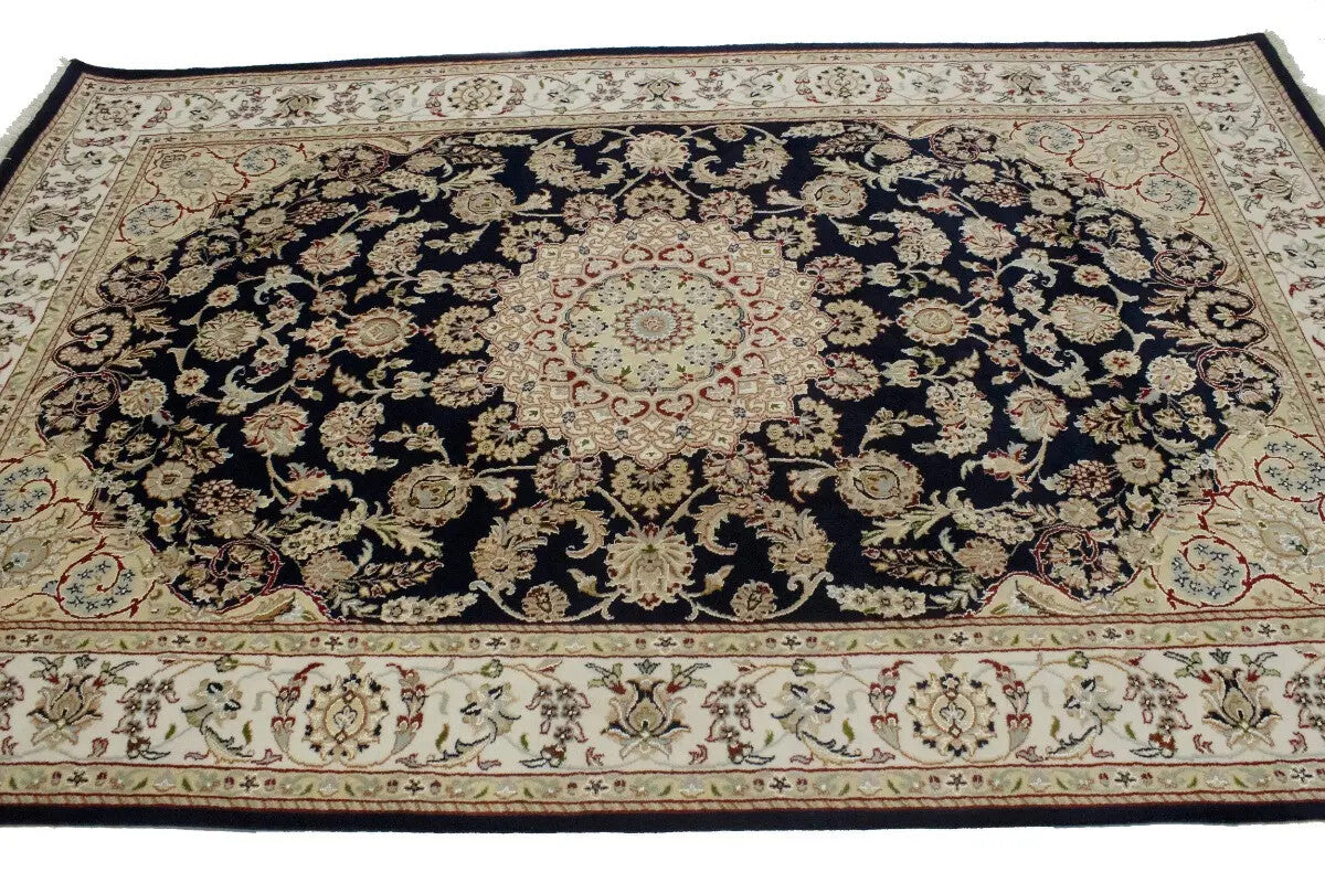 6X9 Ft Hand-Knotted Indo-Nain Oriental Rug Dark