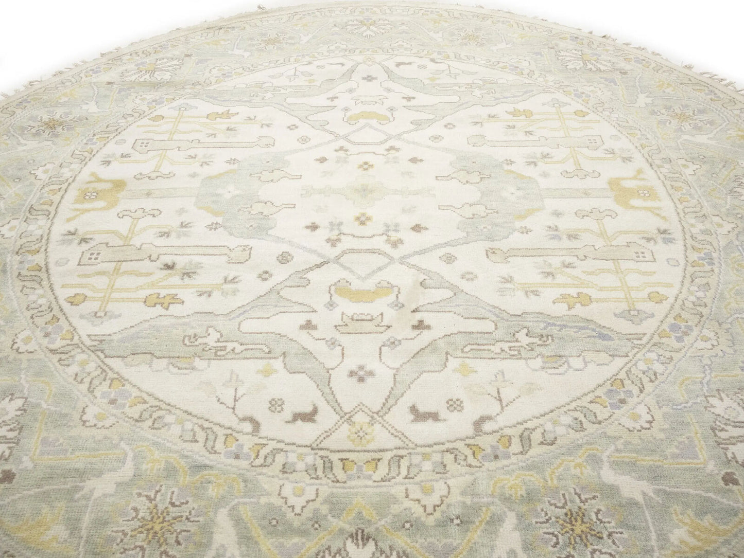 Hand-Knotted Cream Oushak Floral Round Rug