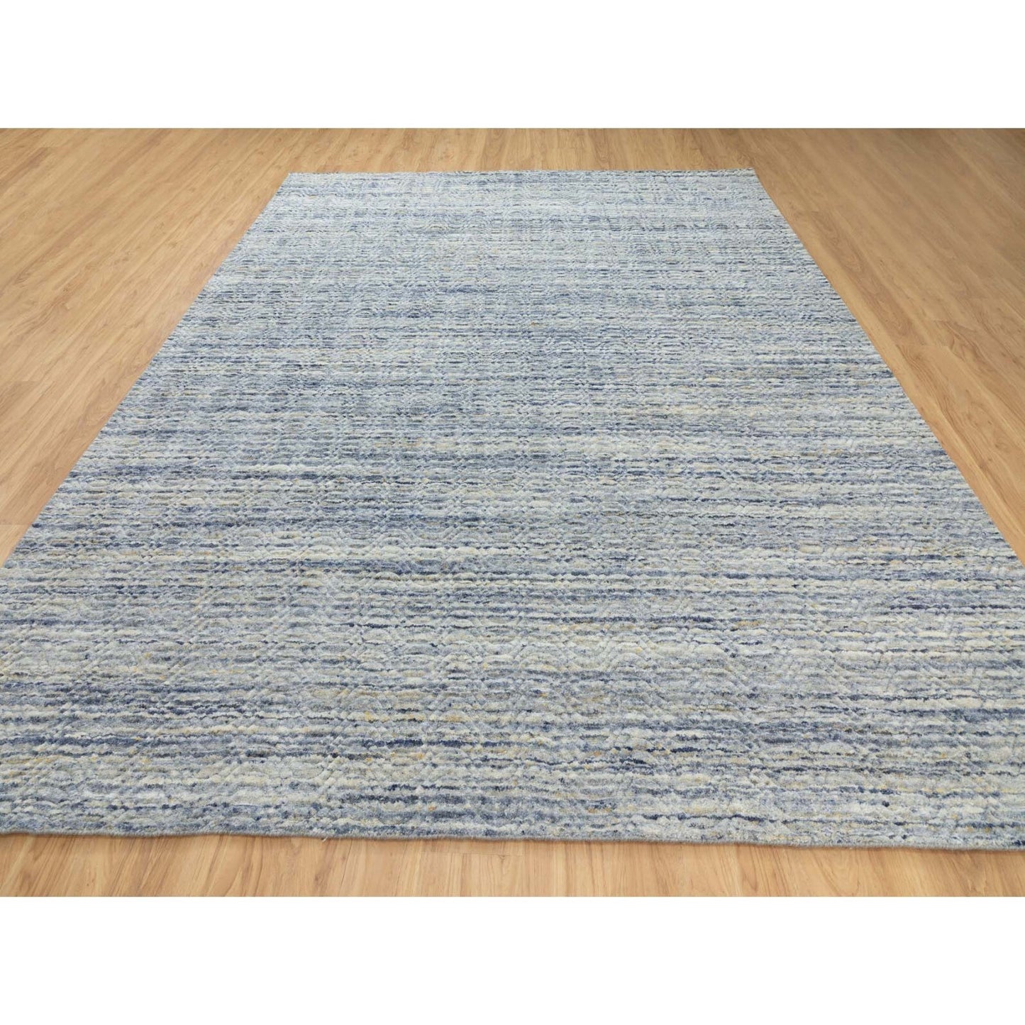 9'X11'10" Blue Hand Loomed Variegated Design Organic Wool Oriental Rug