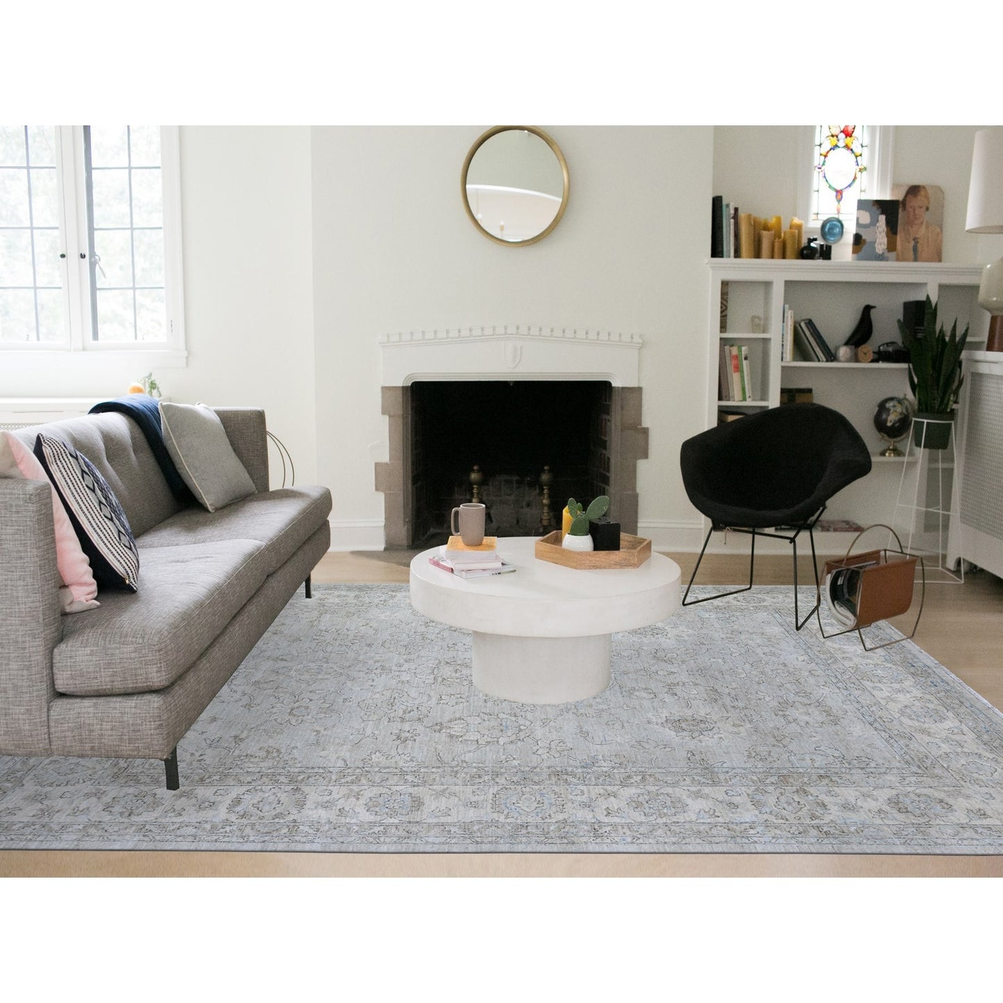 8'10"X11'10" Goose Gray Hand Knotted Pure Wool White Wash Peshawar Rug