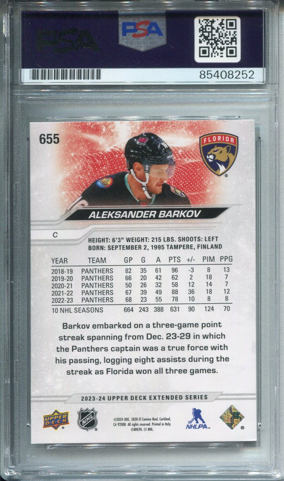 Aleksander Barkov Autographed Upper Deck Card Psa Authentic Auto