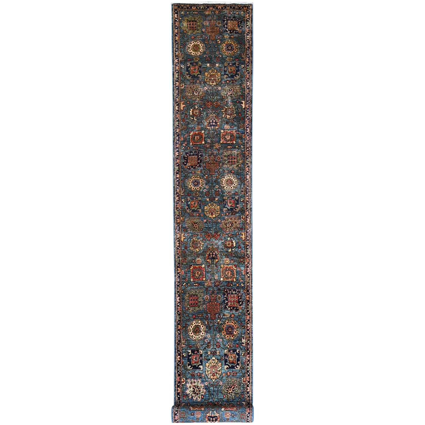 2'7"X21'5" Stone Blue All Over Design Soft Wool Hand Knotted Xl Runner Rug