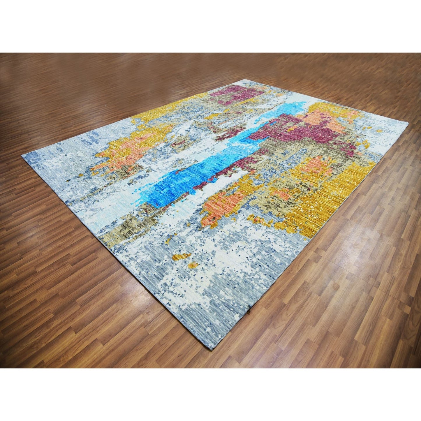 9'10"X13'8" Gray Colorful Modern Abstract 100% Wool Hand Knotted Rug
