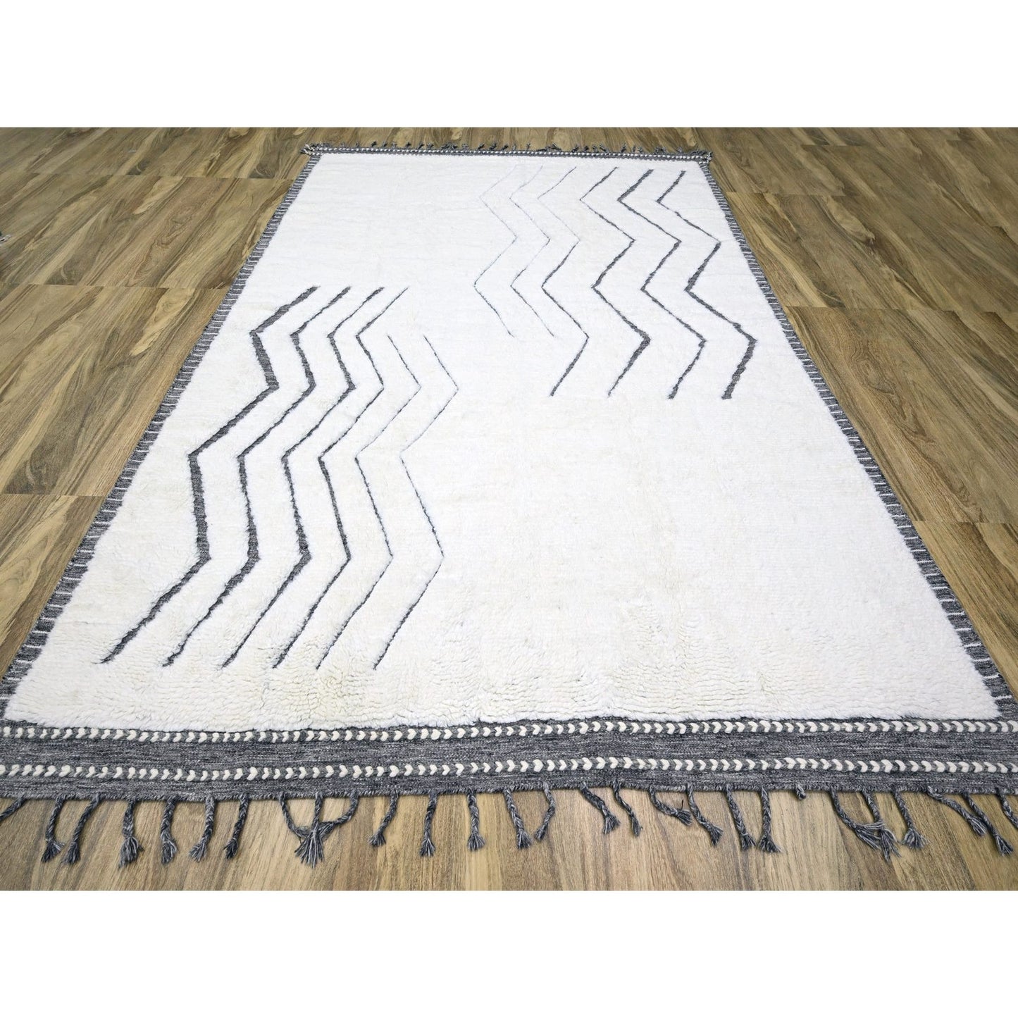 9'2"X12'1" White Moroccan Weave Geometric Design Wool Hand Knotted Rug