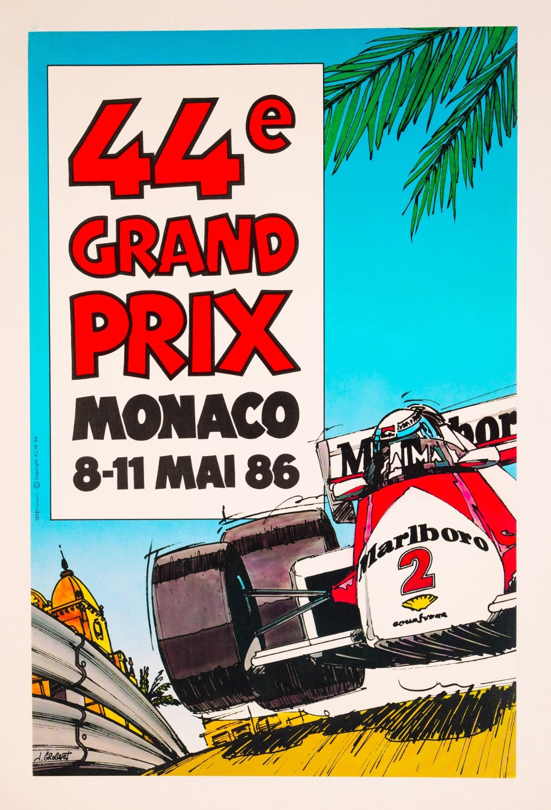 Excellent Monaco Grand Prix 1986 Vintage French Race Car Poster On Linen