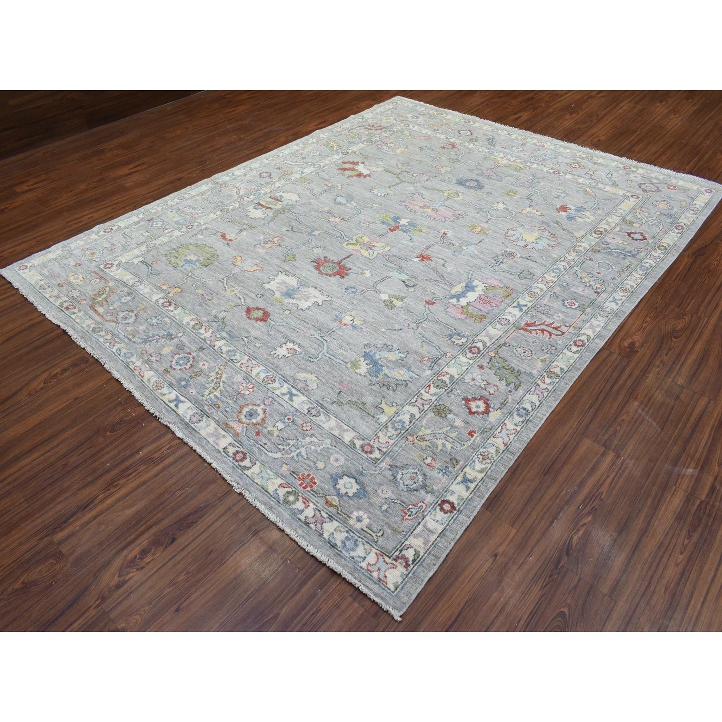 8'1"X10'1" Light Gray Hand Knotted Afghan Angora Oushak Soft Wool Rug