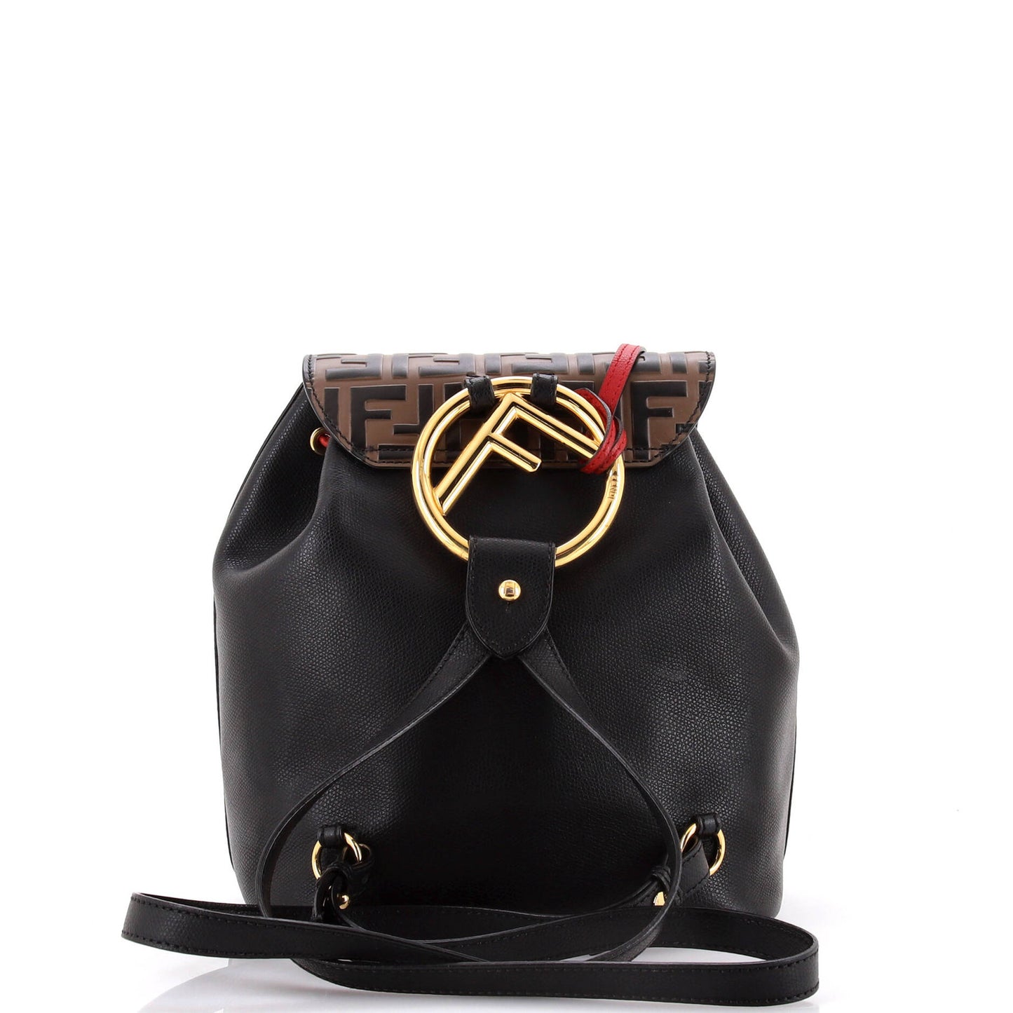 Fendi Drawstring Flap Backpack Leather With Zucca Embossed Detail Small